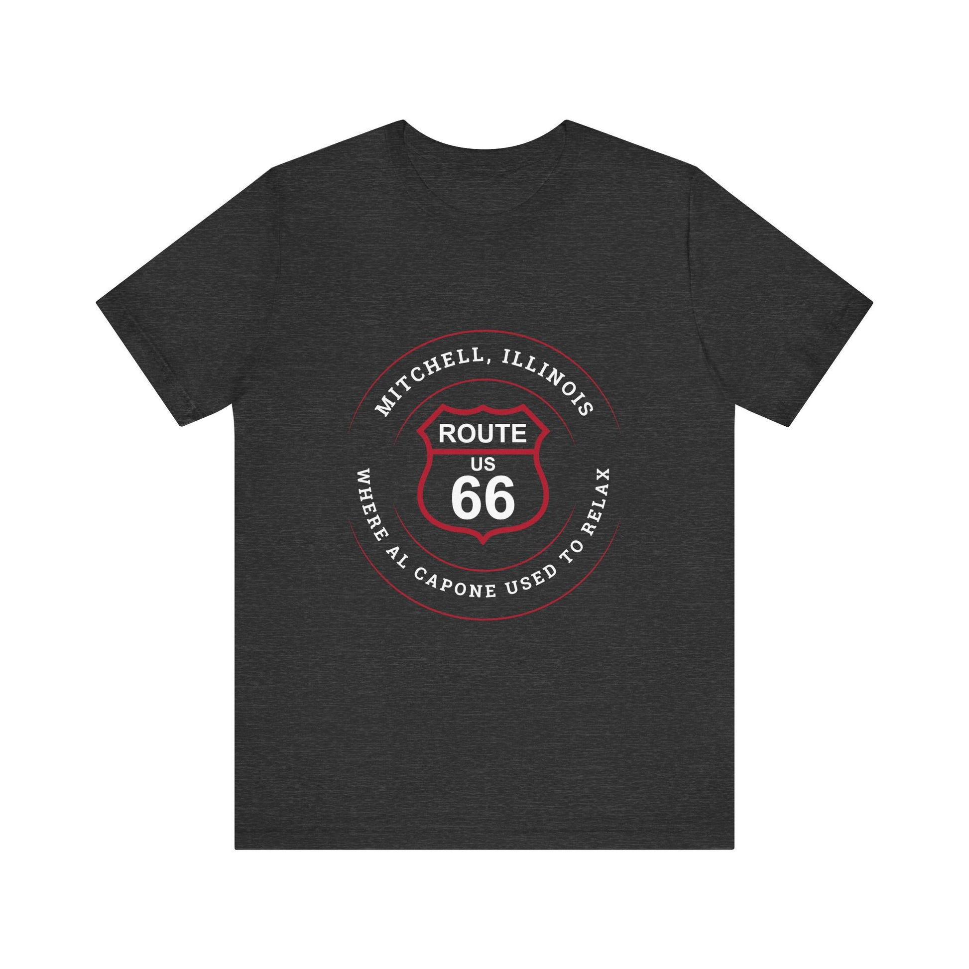 Dark grey heather retro Route 66 unisex jersey tee with Mitchell, IL:: "Where Al Capone Used to Relax" design