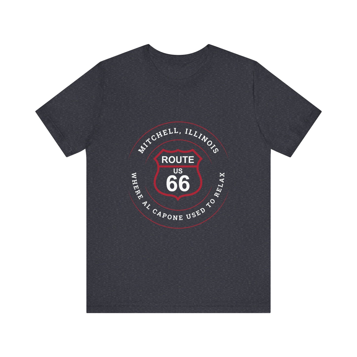 Heather navy retro Route 66 unisex jersey tee with Mitchell, IL:: "Where Al Capone Used to Relax" design