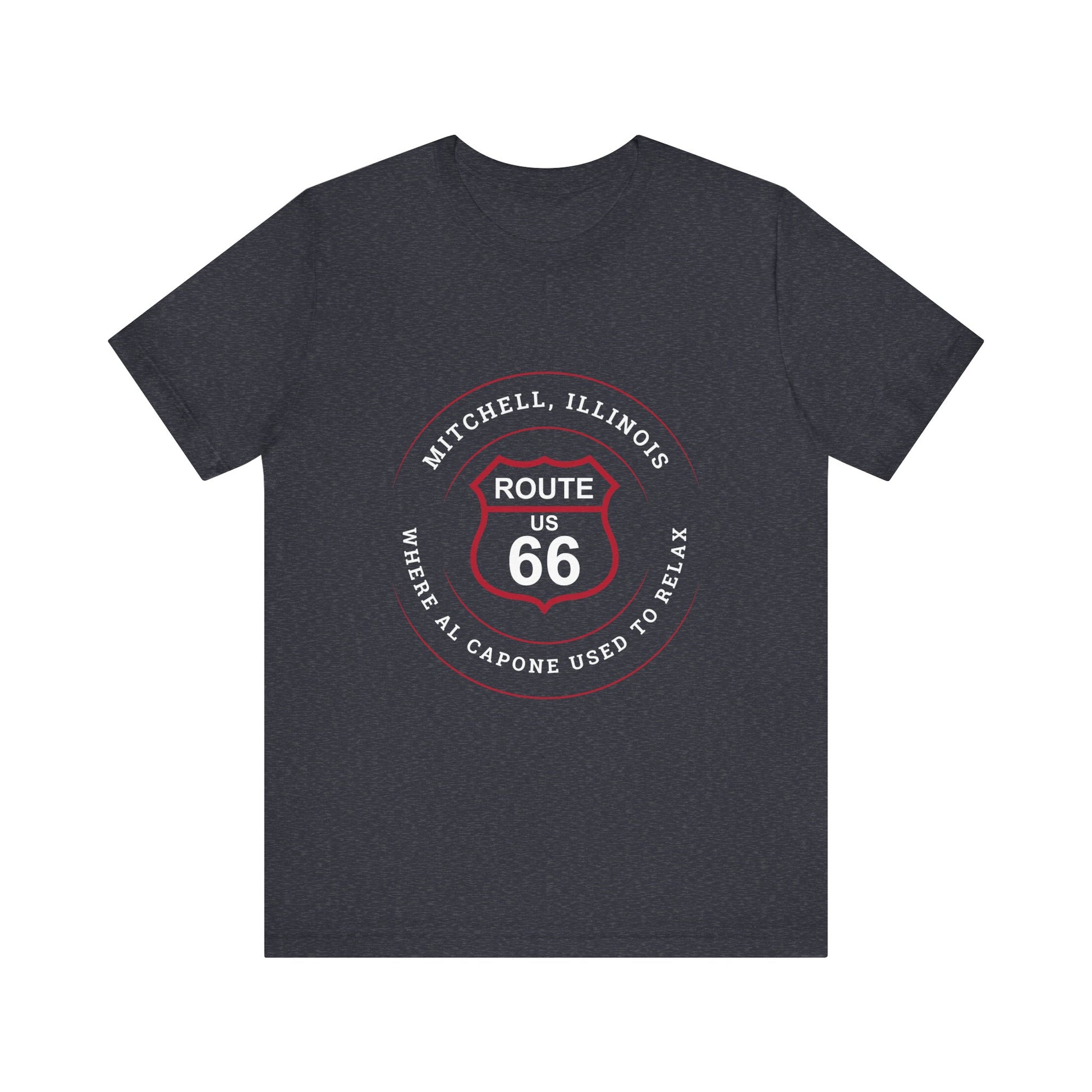 Heather navy retro Route 66 unisex jersey tee with Mitchell, IL:: "Where Al Capone Used to Relax" design