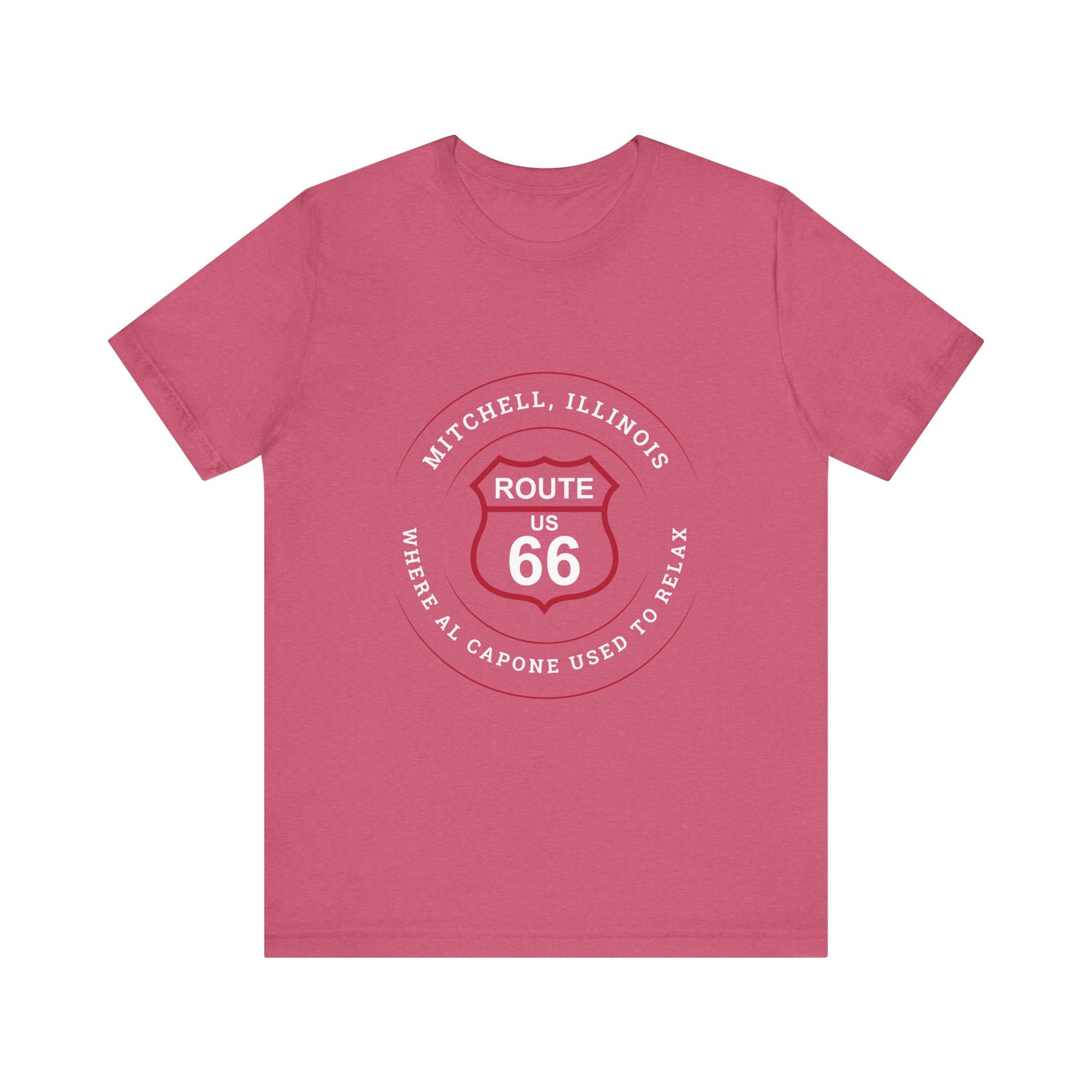 Heather raspberry retro Route 66 unisex jersey tee with Mitchell, IL:: "Where Al Capone Used to Relax" design