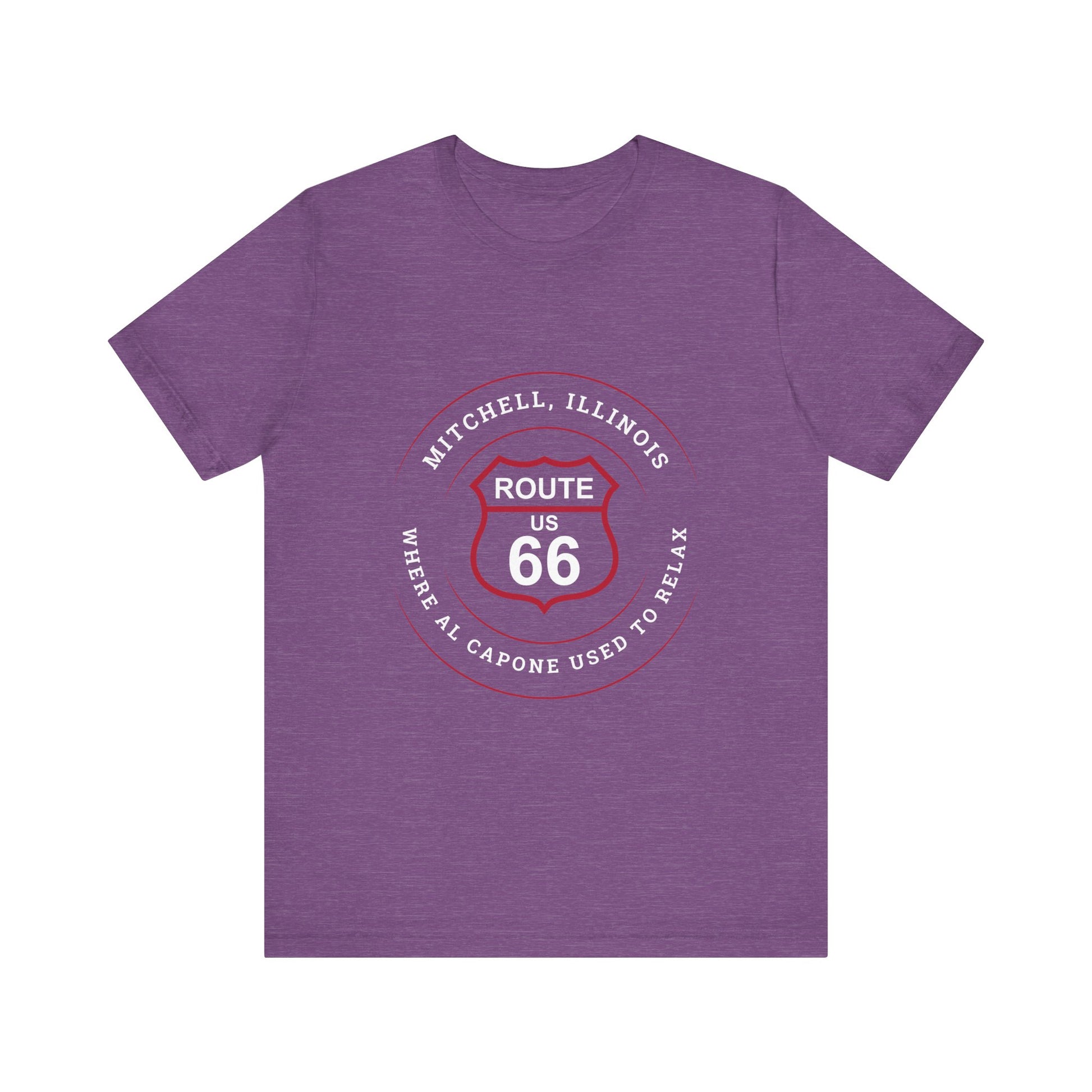 Heather team purple retro Route 66 unisex jersey tee with Mitchell, IL:: "Where Al Capone Used to Relax" design