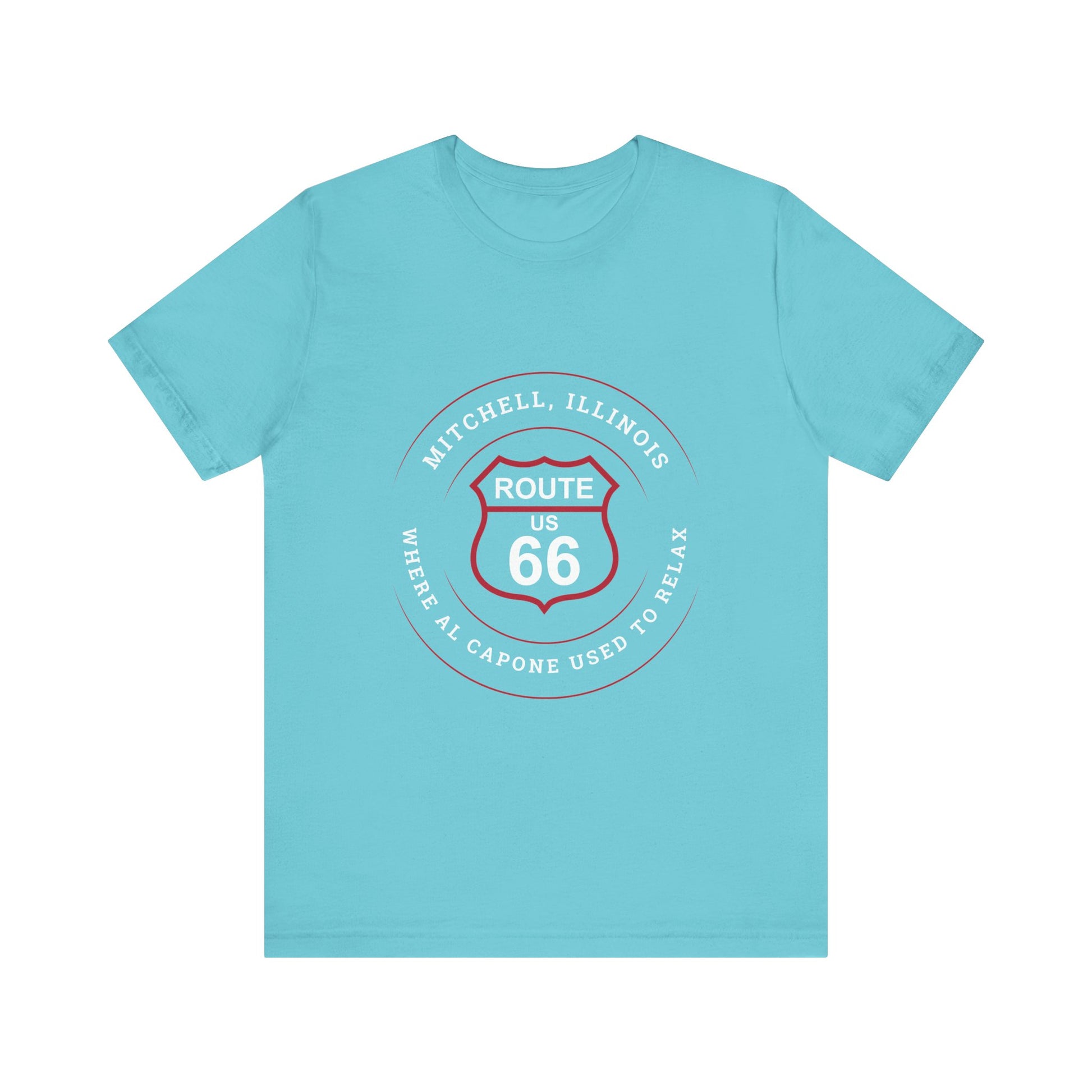Turquoise retro Route 66 unisex jersey tee with Mitchell, IL:: "Where Al Capone Used to Relax" design