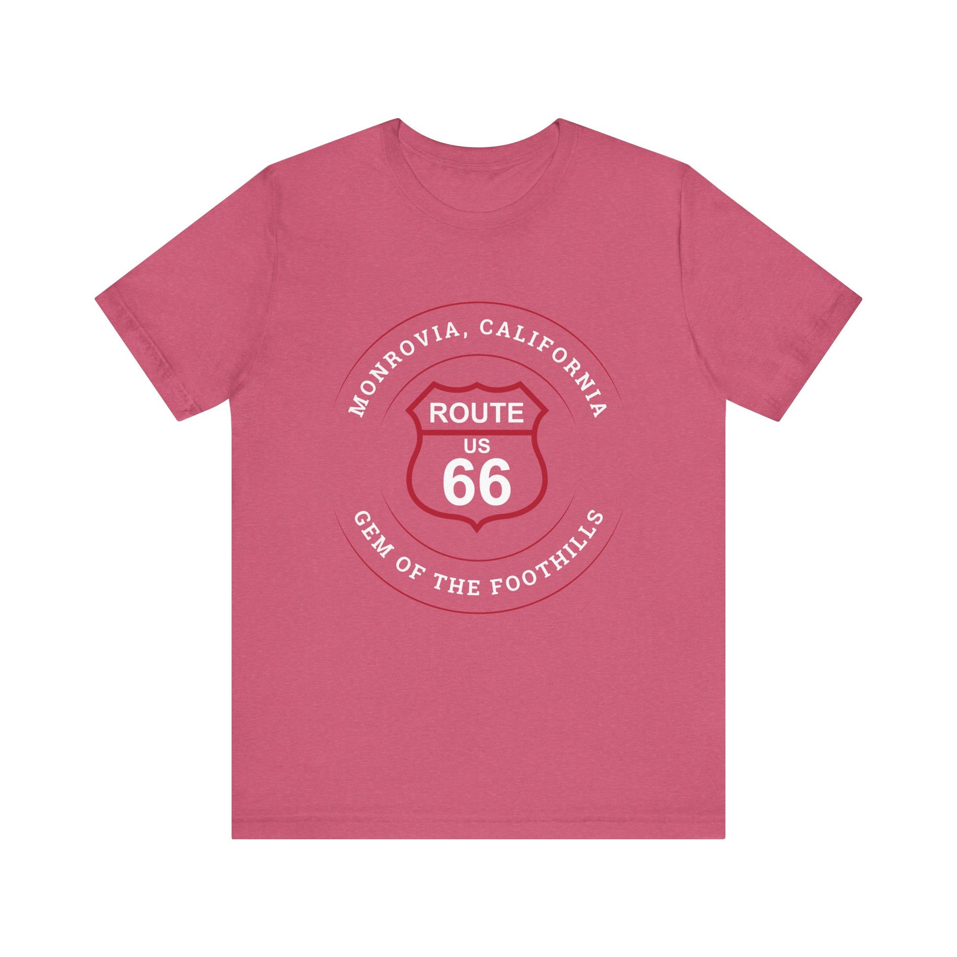 Heather raspberry retro Route 66 unisex jersey tee with Monrovia, CA: "Gem of the Foothills" design