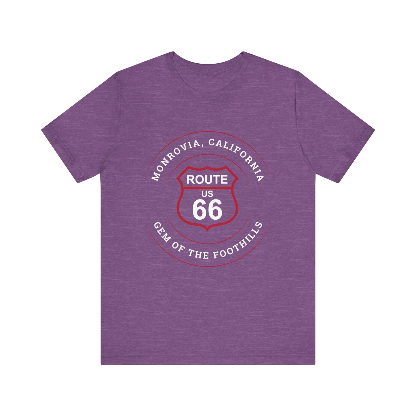Heather team purple retro Route 66 unisex jersey tee with Monrovia, CA: "Gem of the Foothills" design