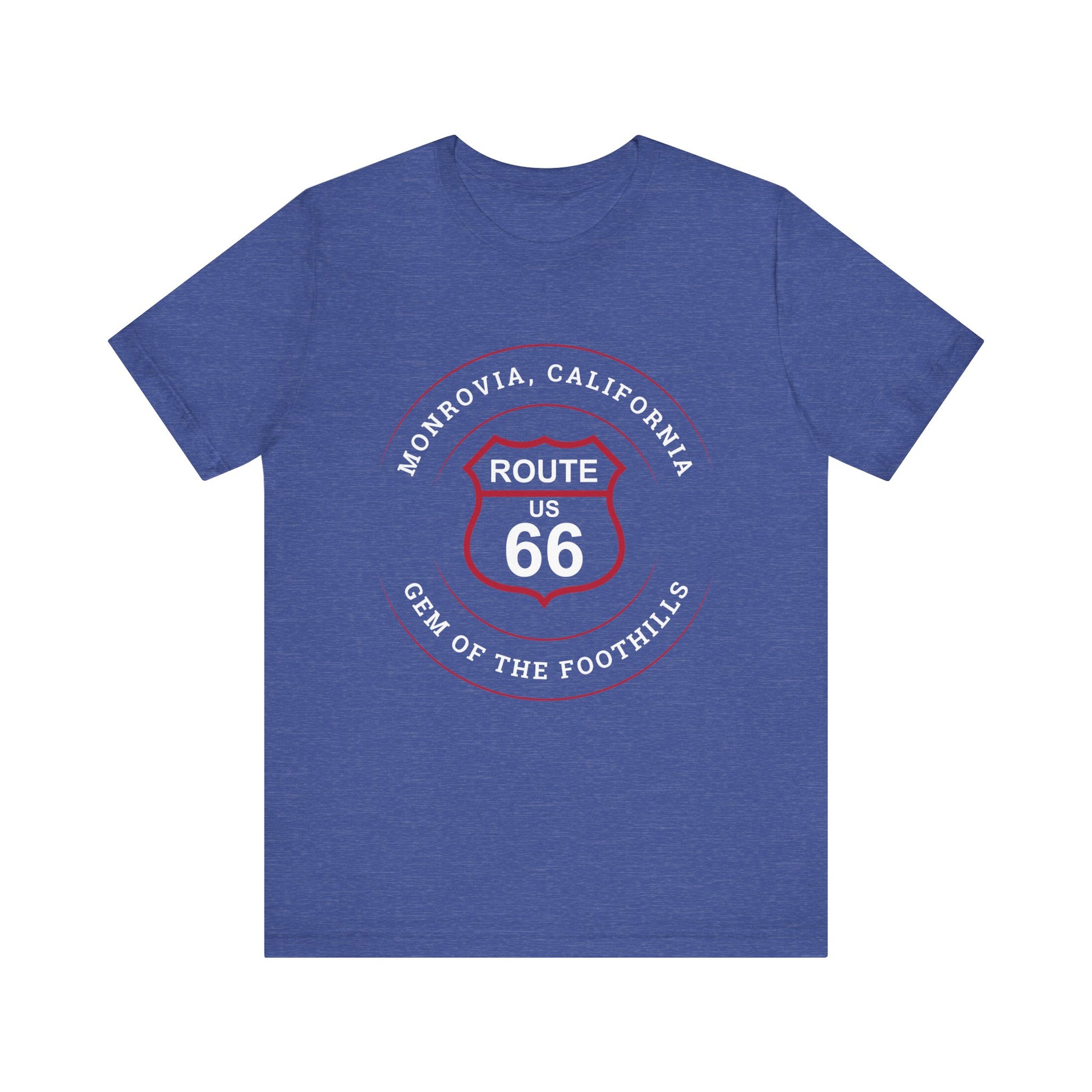 Heather true royal retro Route 66 unisex jersey tee with Monrovia, CA: "Gem of the Foothills" design