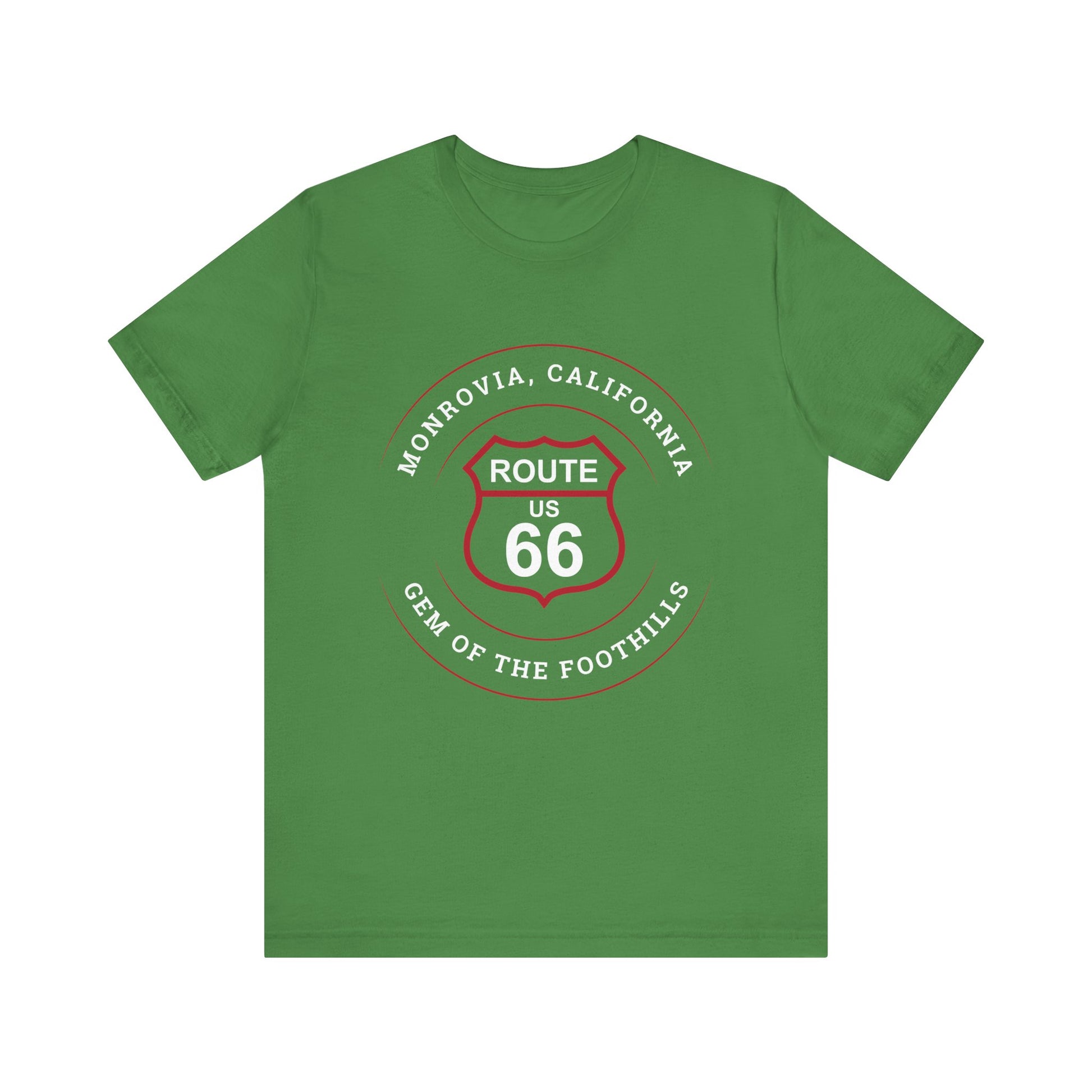 Leaf retro Route 66 unisex jersey tee with Monrovia, CA: "Gem of the Foothills" design