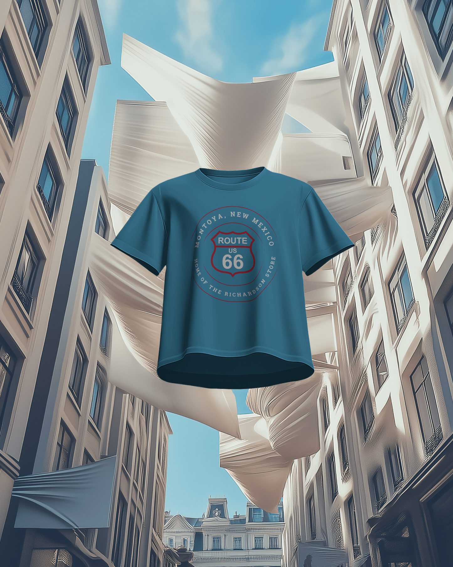 Floating mockup of aqua retro Route 66 unisex jersey tee with Montoya, NM: "Home of the Richardson Store" design