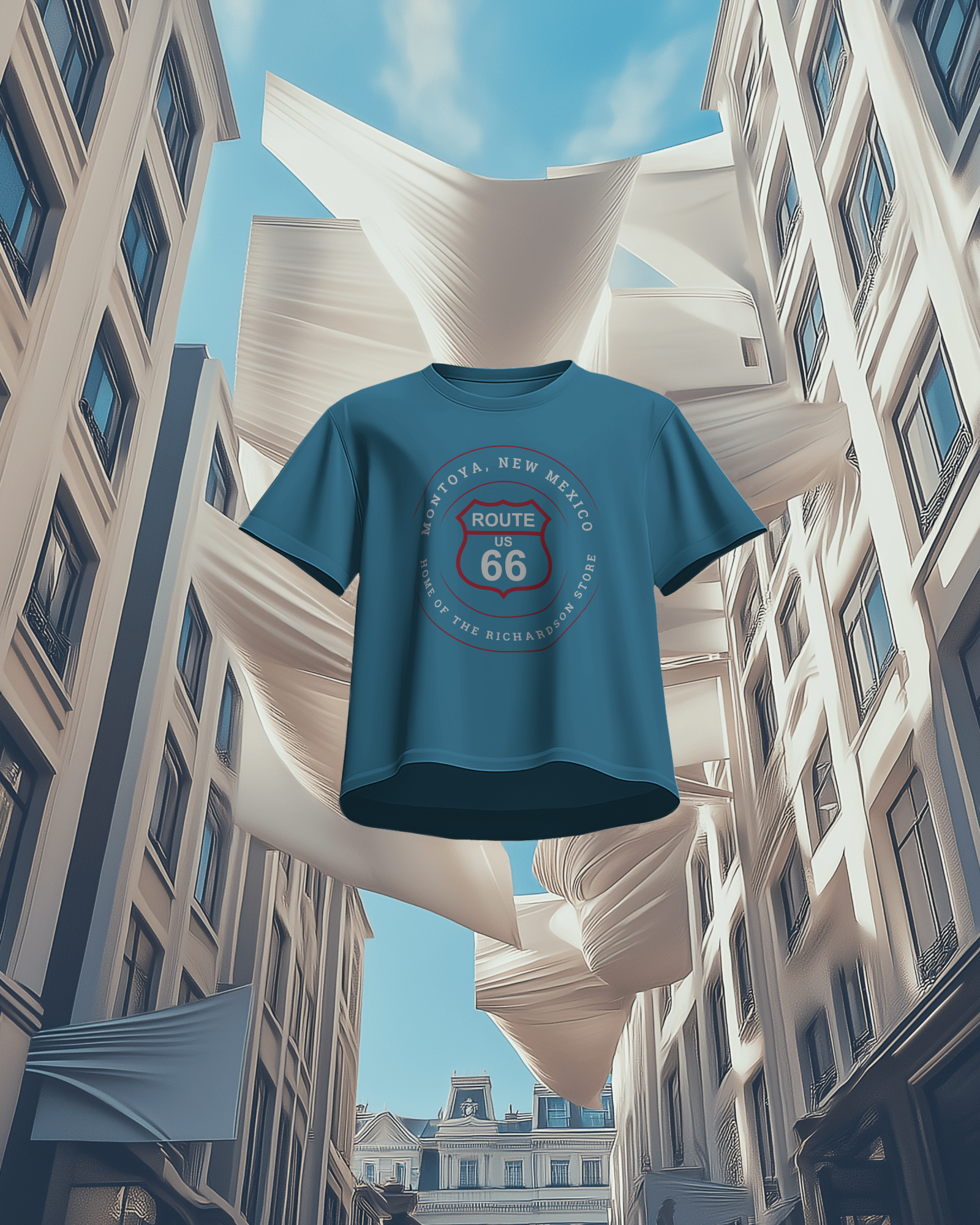 Floating mockup of aqua retro Route 66 unisex jersey tee with Montoya, NM: "Home of the Richardson Store" design