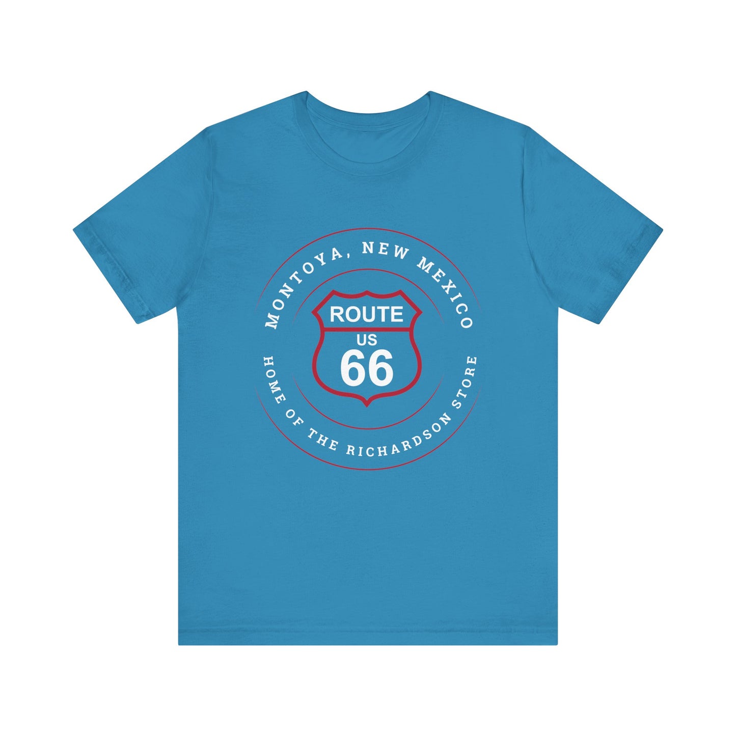 Aqua retro Route 66 unisex jersey tee with Montoya, NM: "Home of the Richardson Store" design