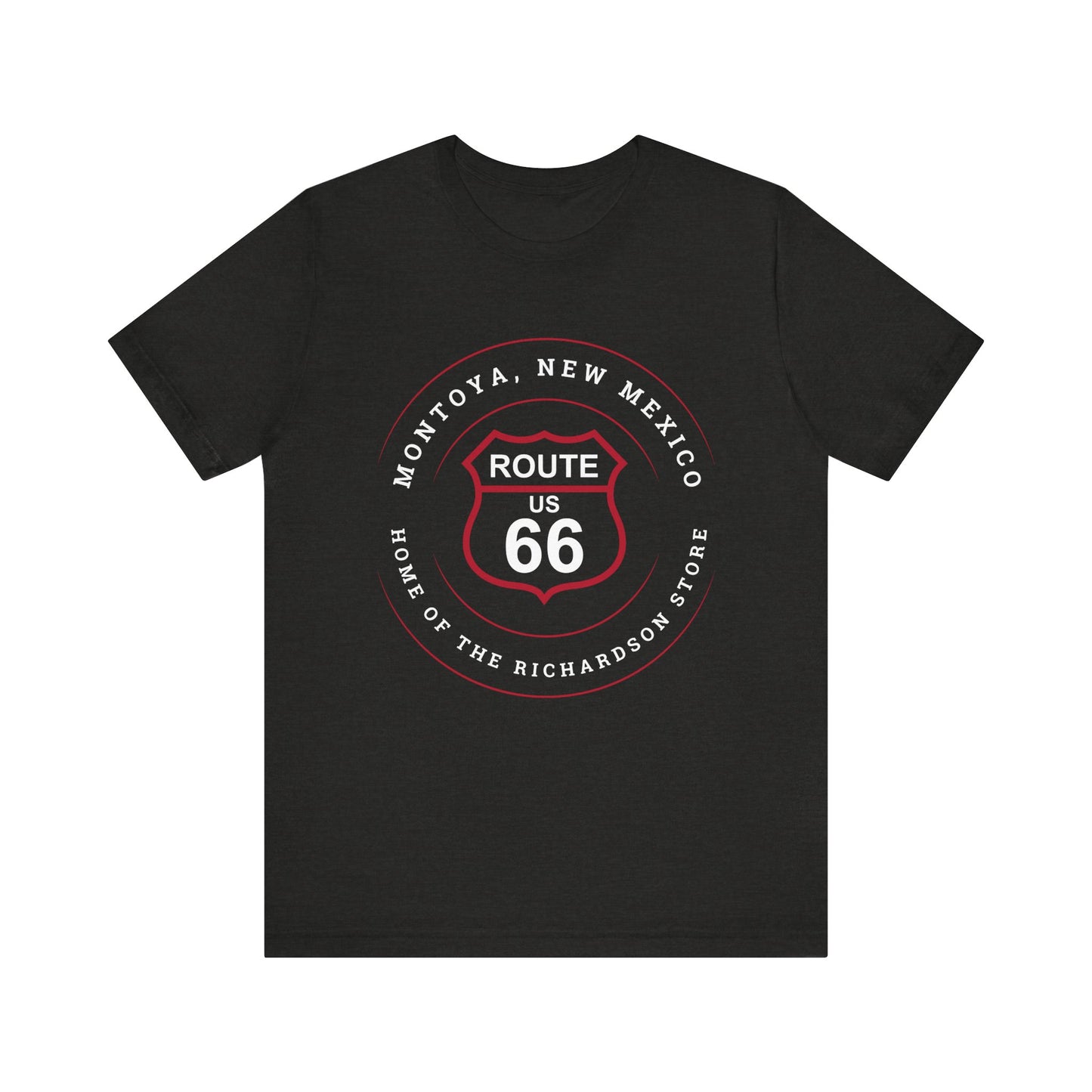 Black heather retro Route 66 unisex jersey tee with Montoya, NM: "Home of the Richardson Store" design