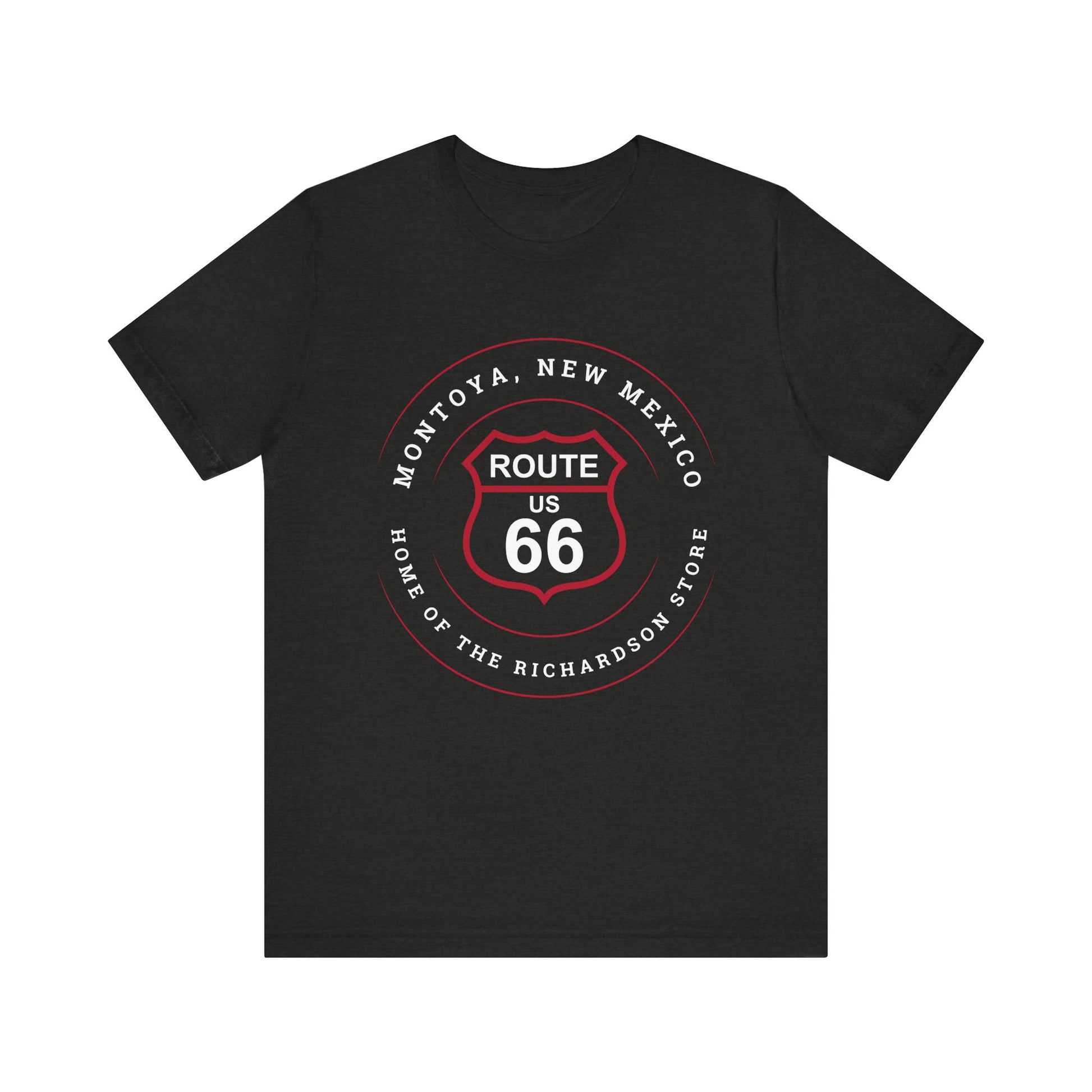 Black heather retro Route 66 unisex jersey tee with Montoya, NM: "Home of the Richardson Store" design