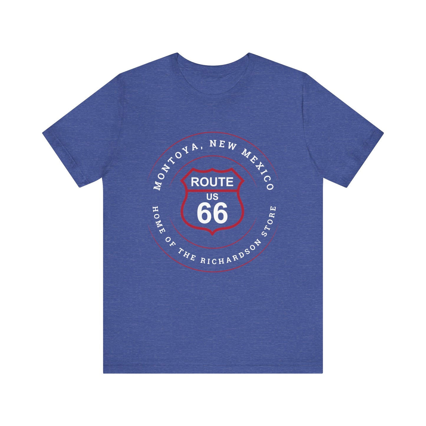 Heather true royal retro Route 66 unisex jersey tee with Montoya, NM: "Home of the Richardson Store" design