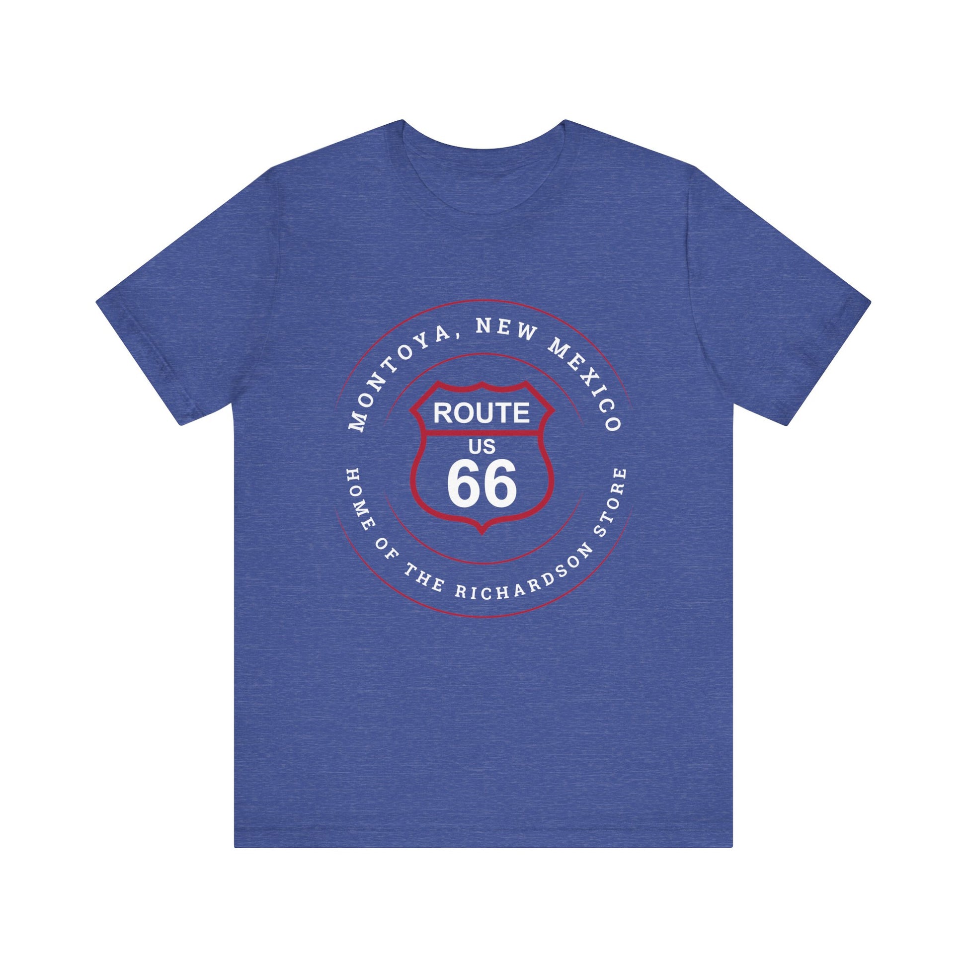 Heather true royal retro Route 66 unisex jersey tee with Montoya, NM: "Home of the Richardson Store" design