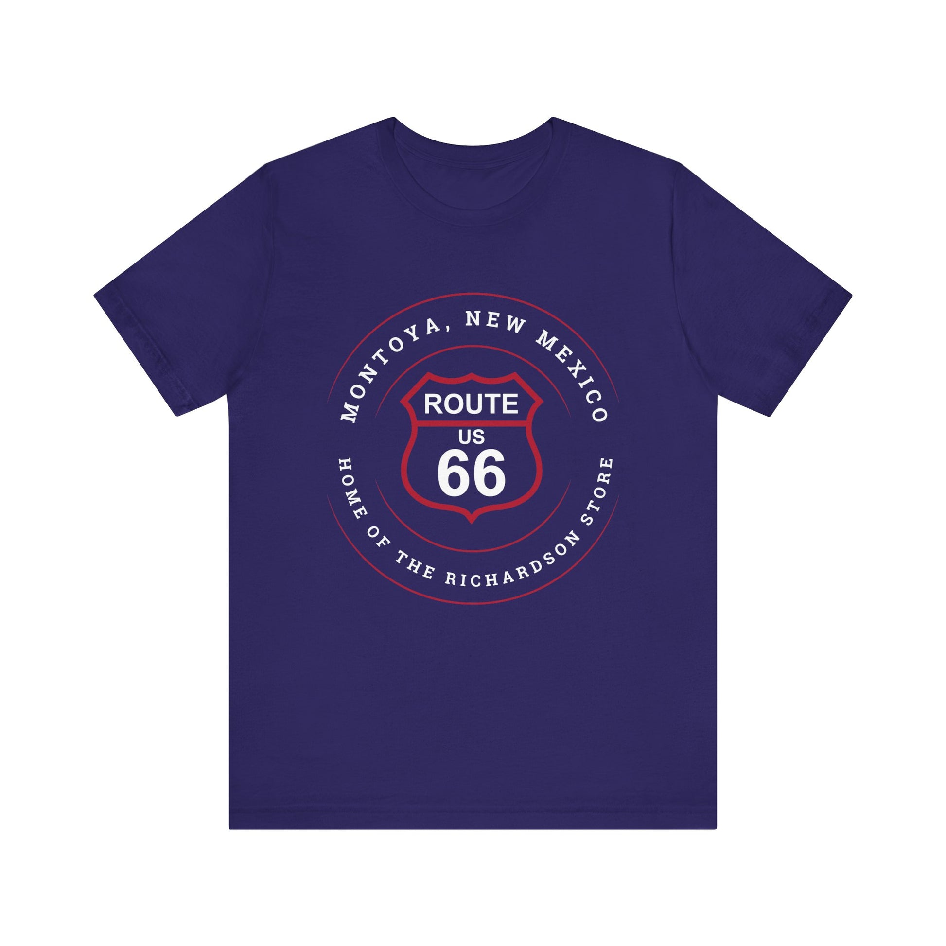 Team navy retro Route 66 unisex jersey tee with Montoya, NM: "Home of the Richardson Store" design