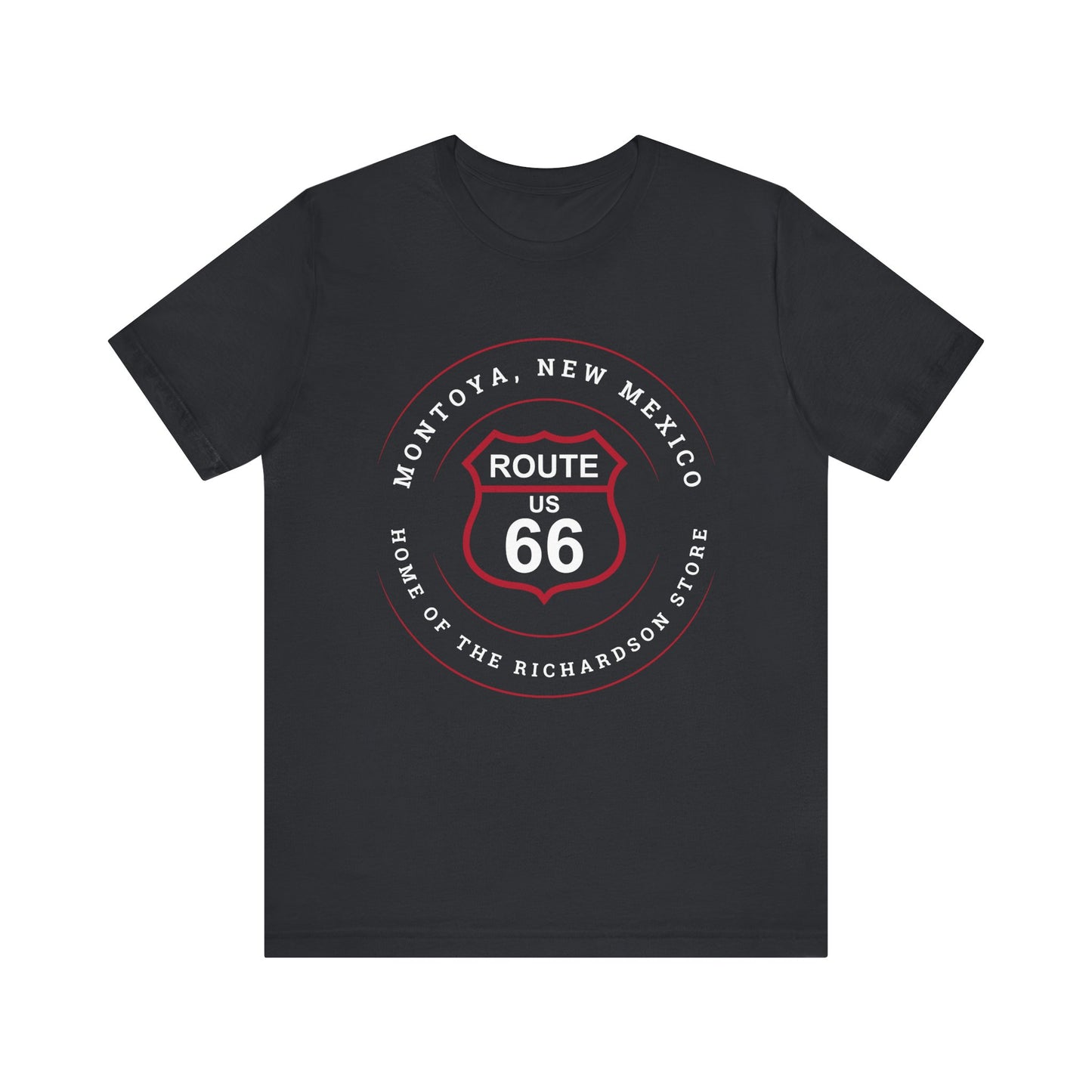 Vintage black retro Route 66 unisex jersey tee with Montoya, NM: "Home of the Richardson Store" design