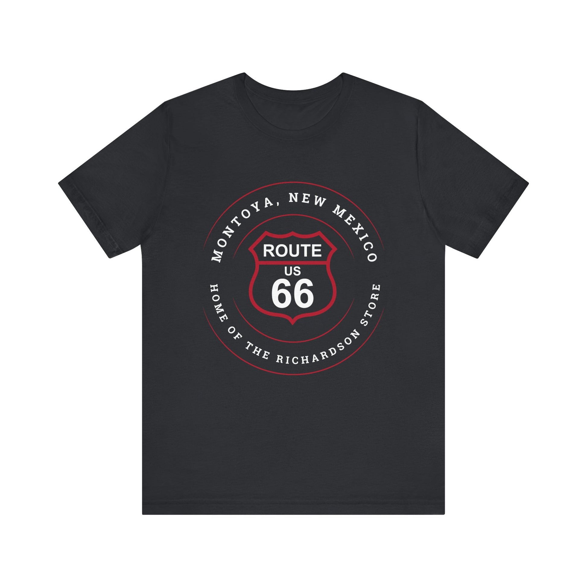 Vintage black retro Route 66 unisex jersey tee with Montoya, NM: "Home of the Richardson Store" design