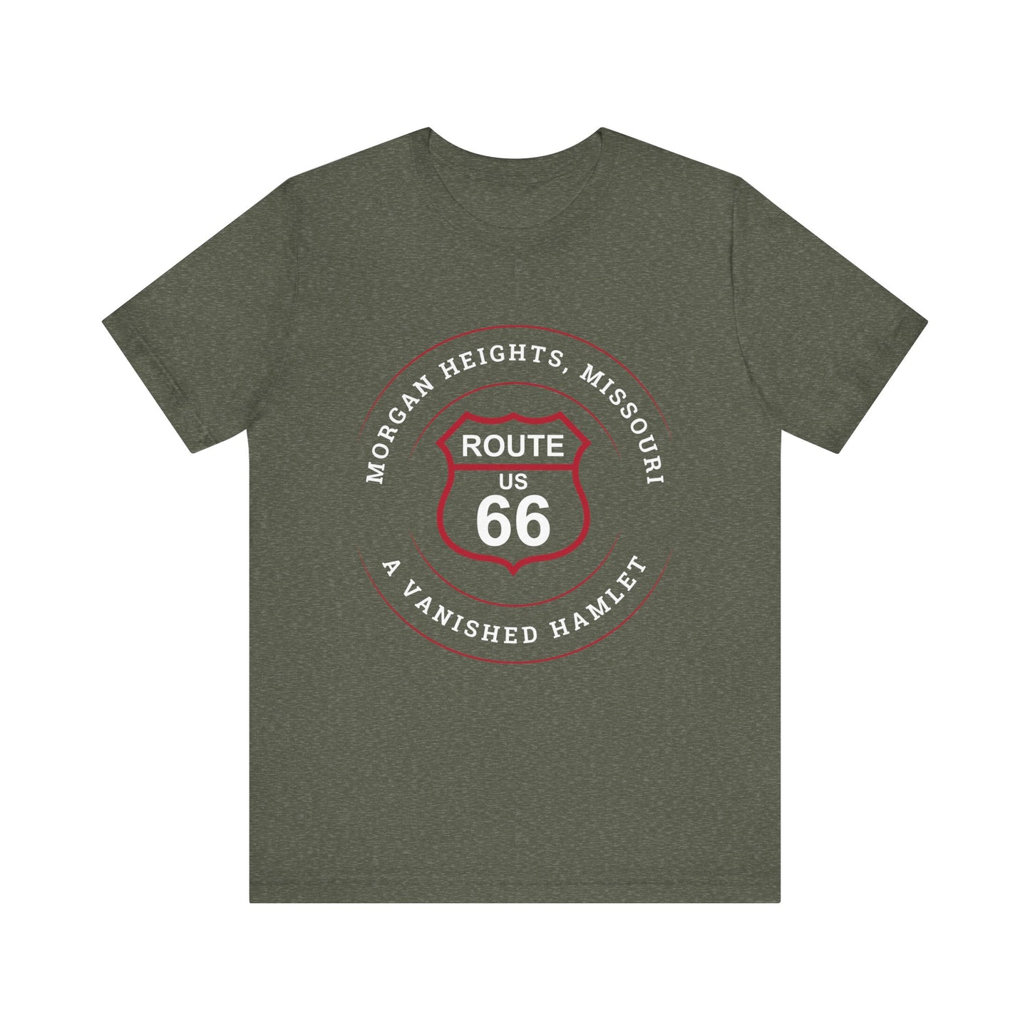 Heather military green retro Route 66 unisex jersey tee with Morgan Heights, MO: "A Vanished Hamlet" design