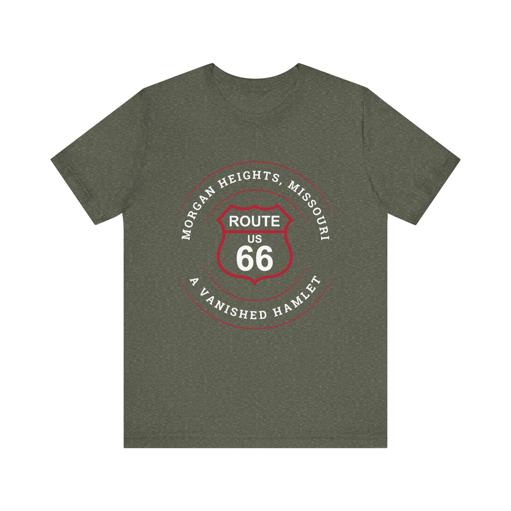 Heather military green retro Route 66 unisex jersey tee with Morgan Heights, MO: "A Vanished Hamlet" design