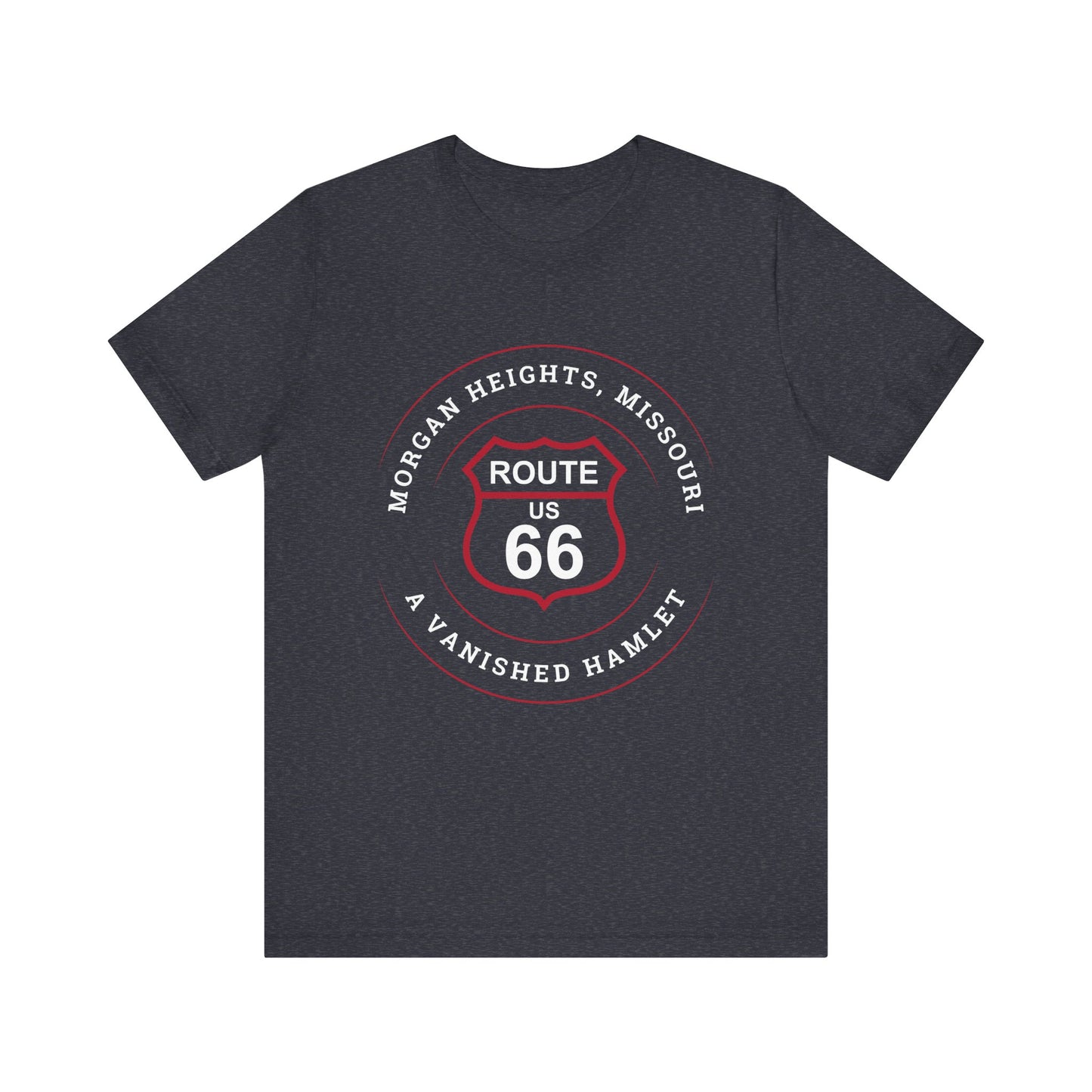 Heather navy retro Route 66 unisex jersey tee with Morgan Heights, MO: "A Vanished Hamlet" design