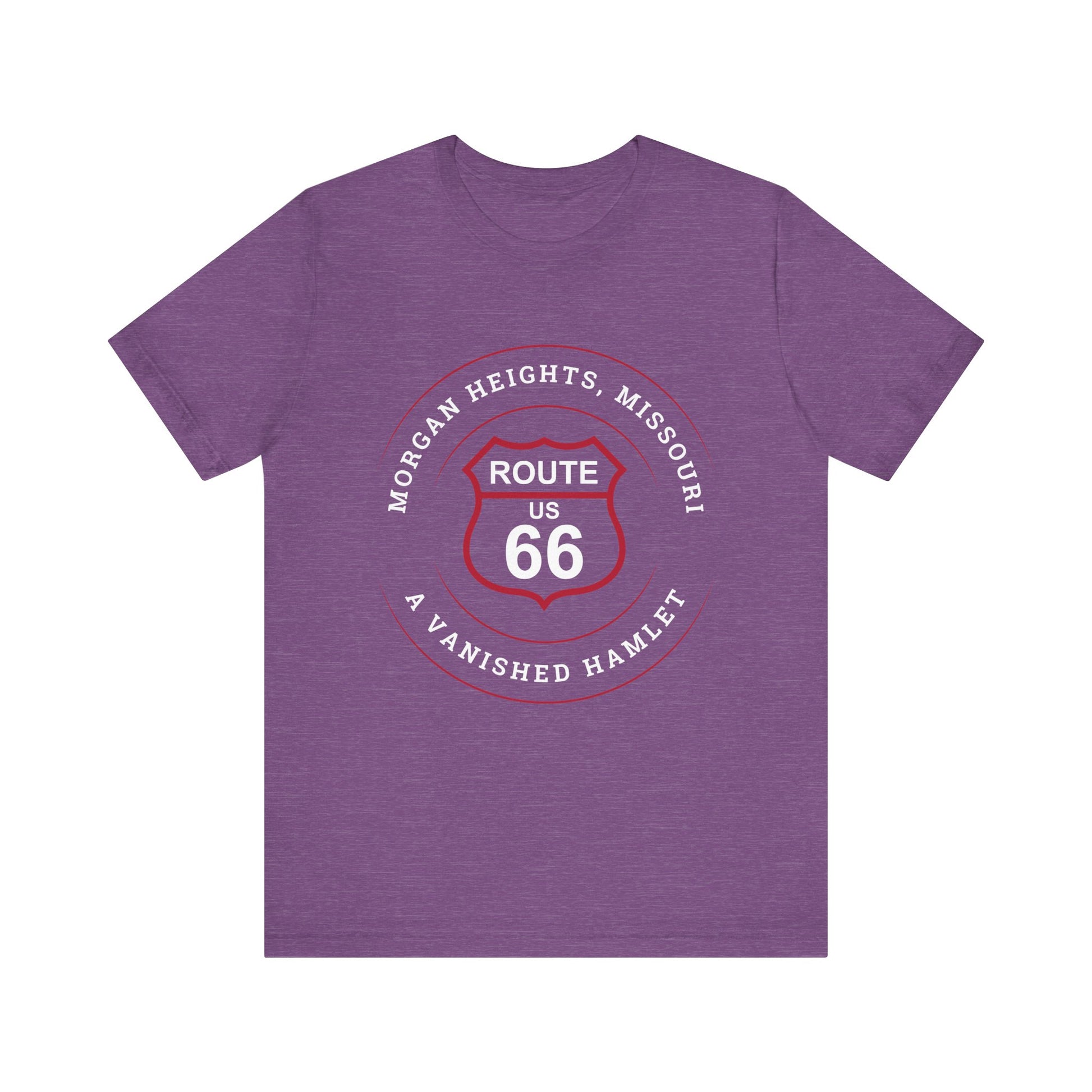 Heather team purple retro Route 66 unisex jersey tee with Morgan Heights, MO: "A Vanished Hamlet" design