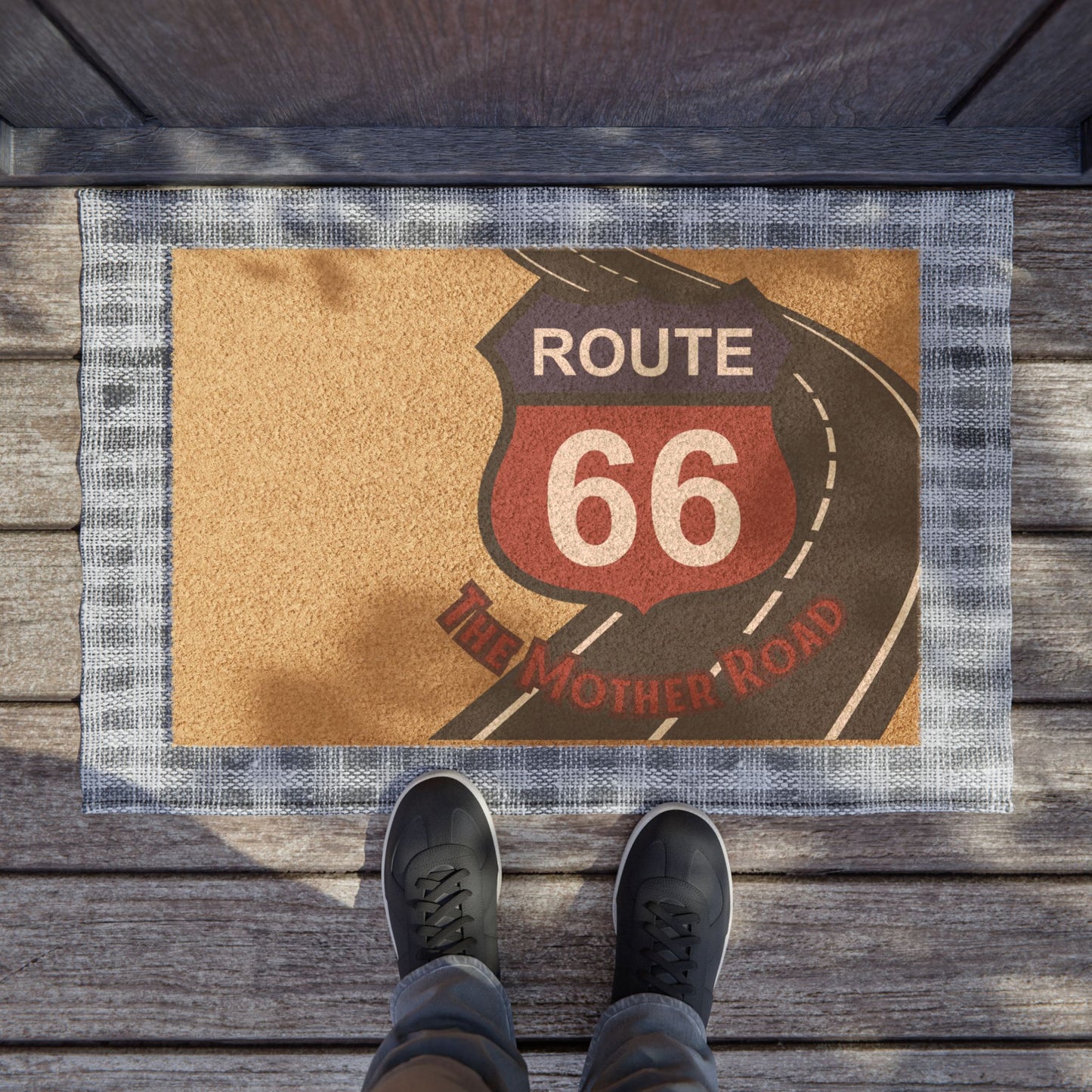 Route 66 “Mother Road” Welcome Mat Styled on Rustic Porch – Cozy Entryway Decor Idea for Road Trip Fans and Americana Homes