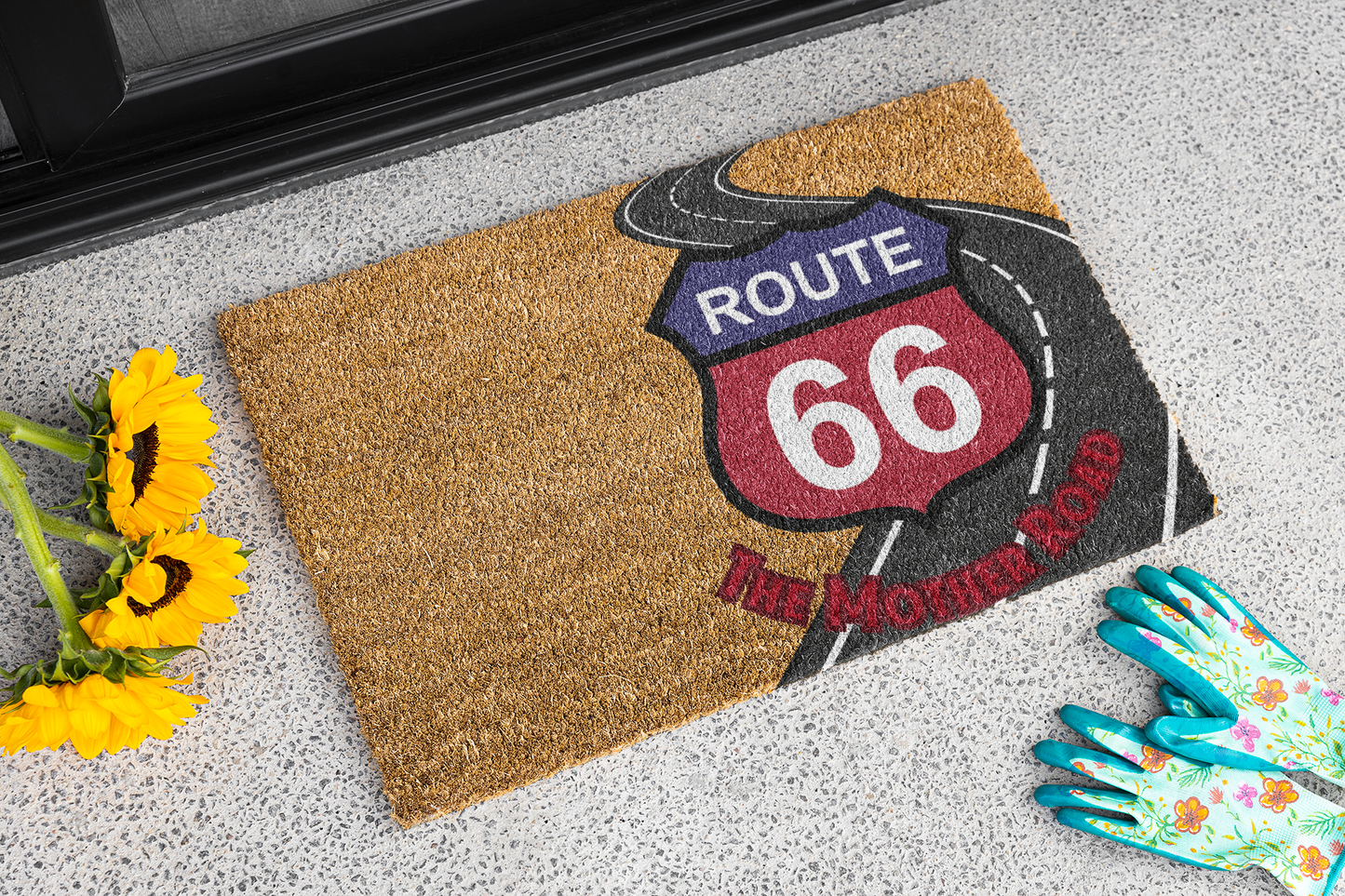 Route 66 'The Mother Road' Doormat with sunflowers and garden gloves. Classic Americana Welcome Mat for the front porch or entryway, Perfect for farmhouse, RV or Route 66 lovers