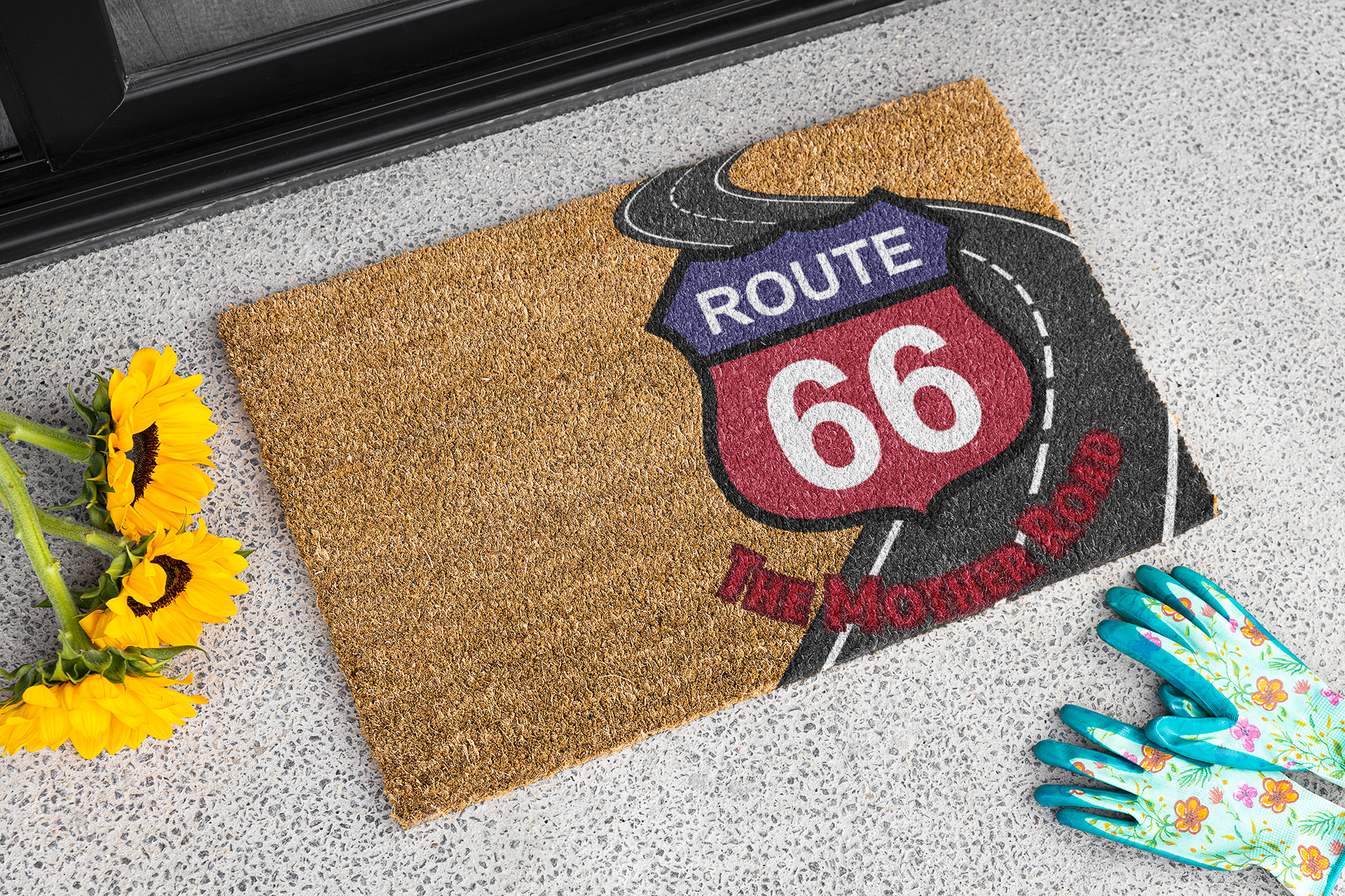 Route 66 'The Mother Road' Doormat with sunflowers and garden gloves. Classic Americana Welcome Mat for the front porch or entryway, Perfect for farmhouse, RV or Route 66 lovers