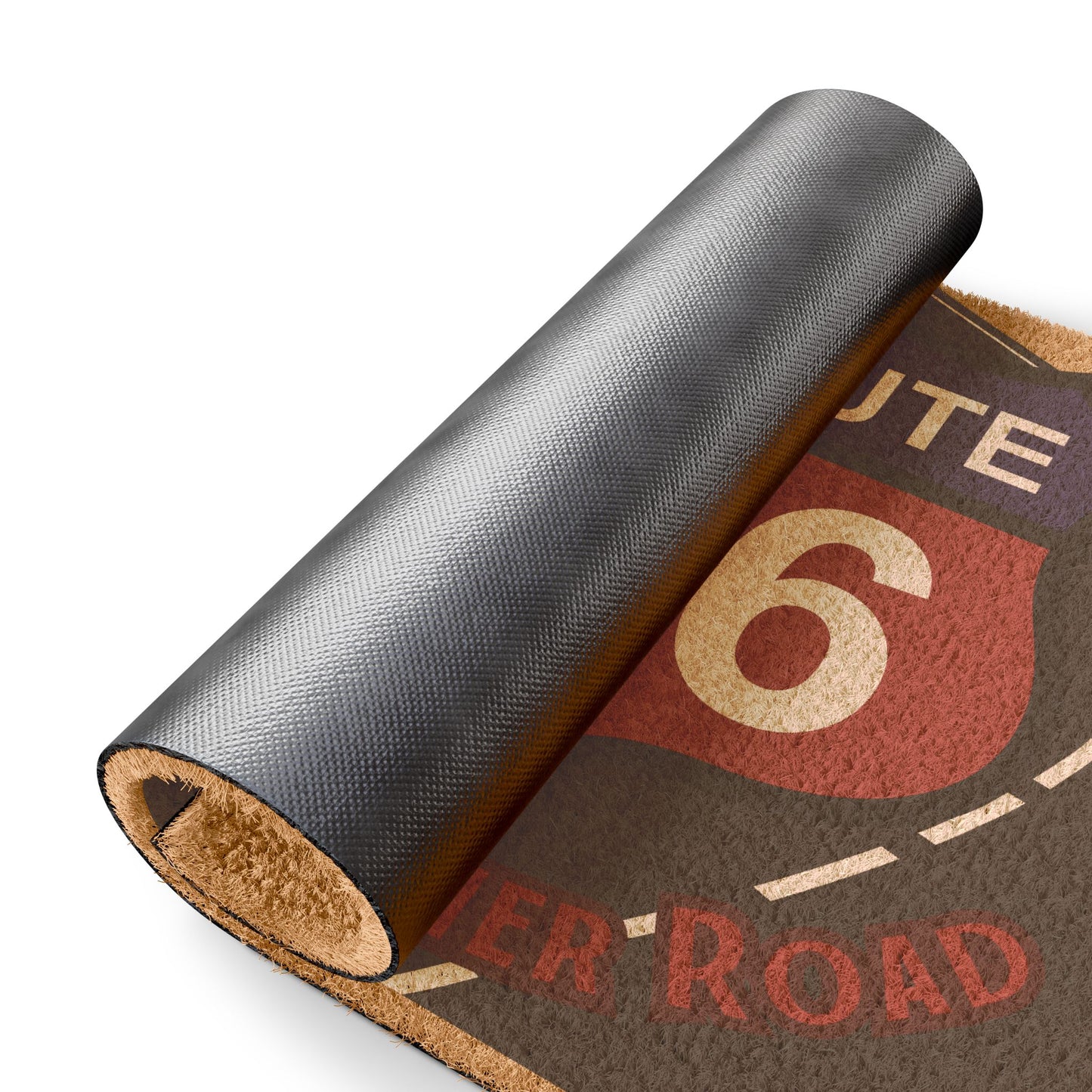 Close-up of Route 66 'The Mother Road' Doormat with Non-Slip Vinyl Backing – Heavy-Duty Porch and RV Entrance Mat