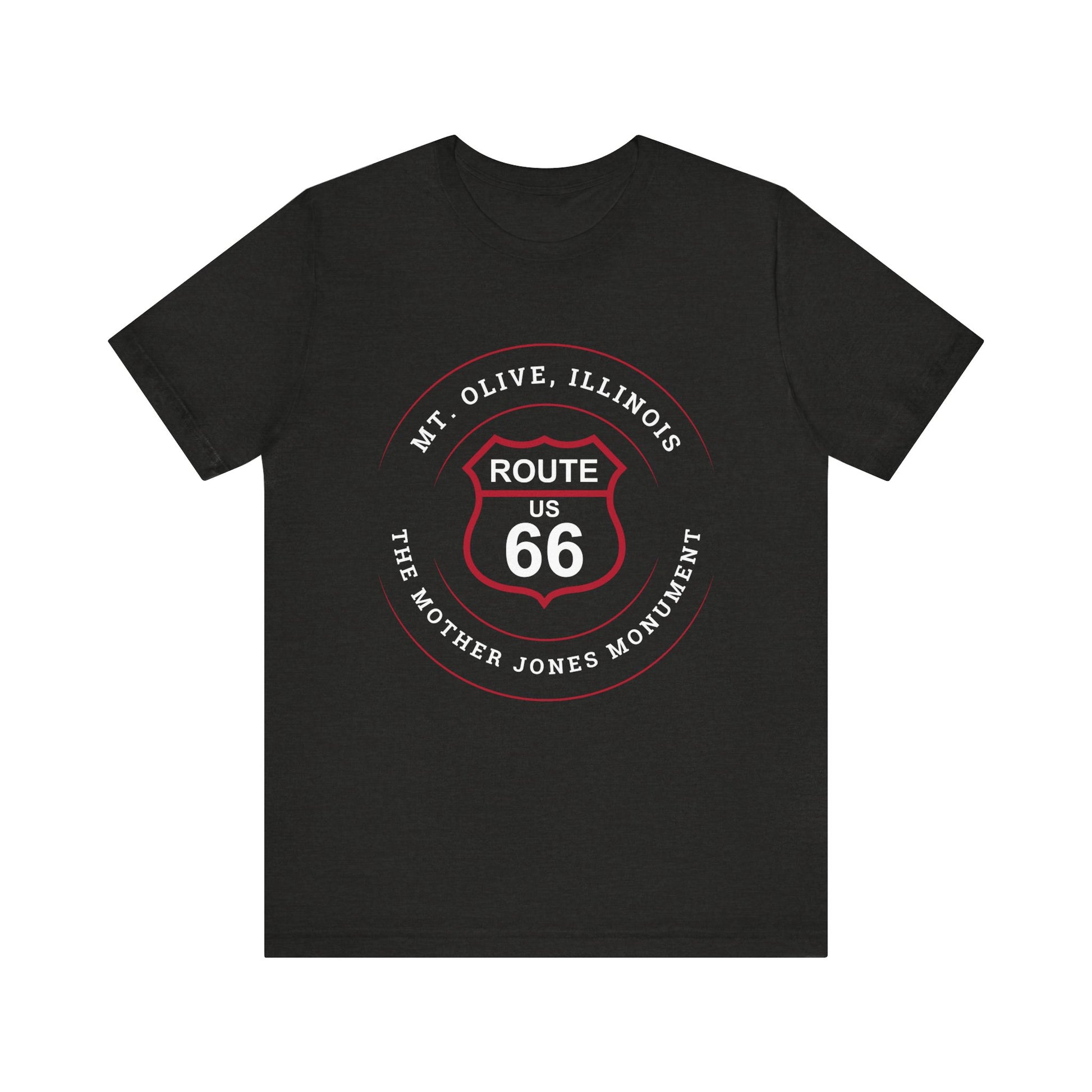 Black heather retro Route 66 unisex jersey tee with Mt. Olive, IL, "Mother Jones Monument" design.