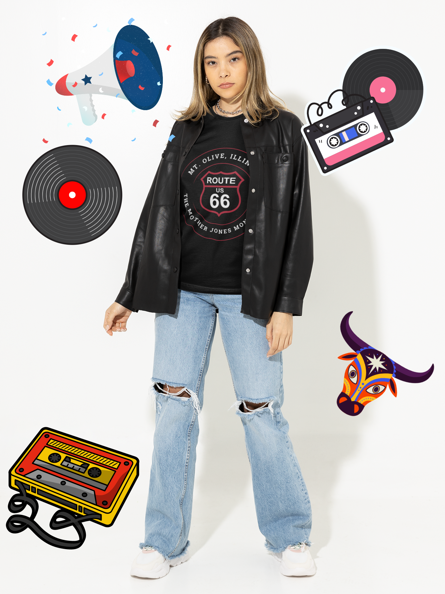 A female model wears a black unisex t-shirt with a retro Route 66 shield design for Mt. Olive, IL, labeled "Mother Jones Monument."