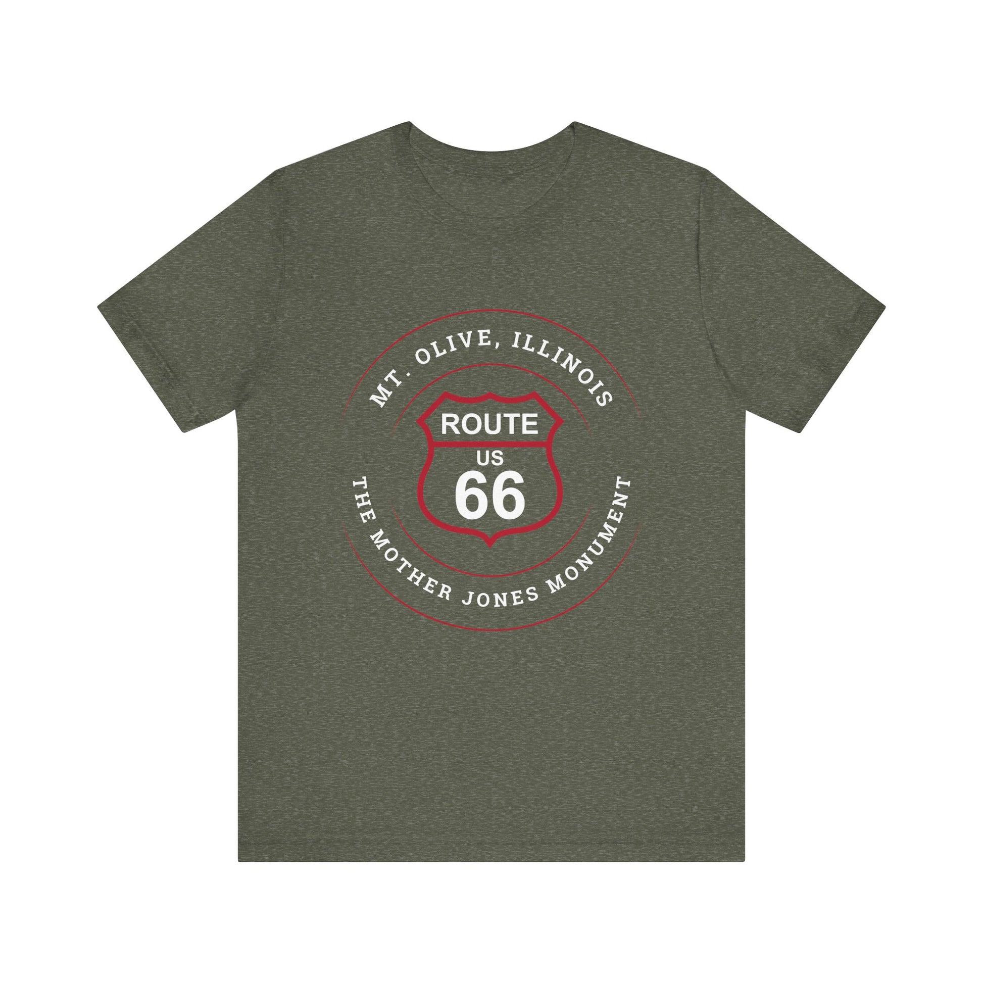 Heather military green retro Route 66 unisex jersey tee with Mt. Olive, IL, "Mother Jones Monument" design.