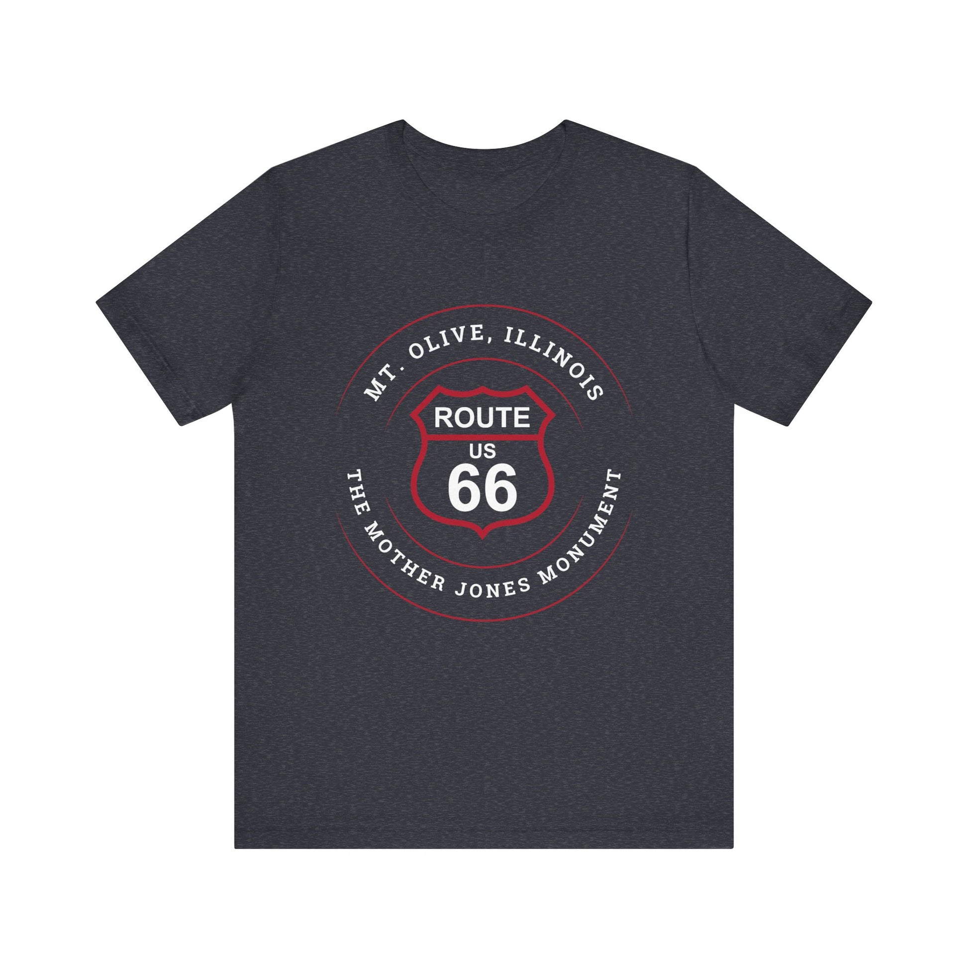 Heather navy retro Route 66 unisex jersey tee with Mt. Olive, IL, "Mother Jones Monument" design.