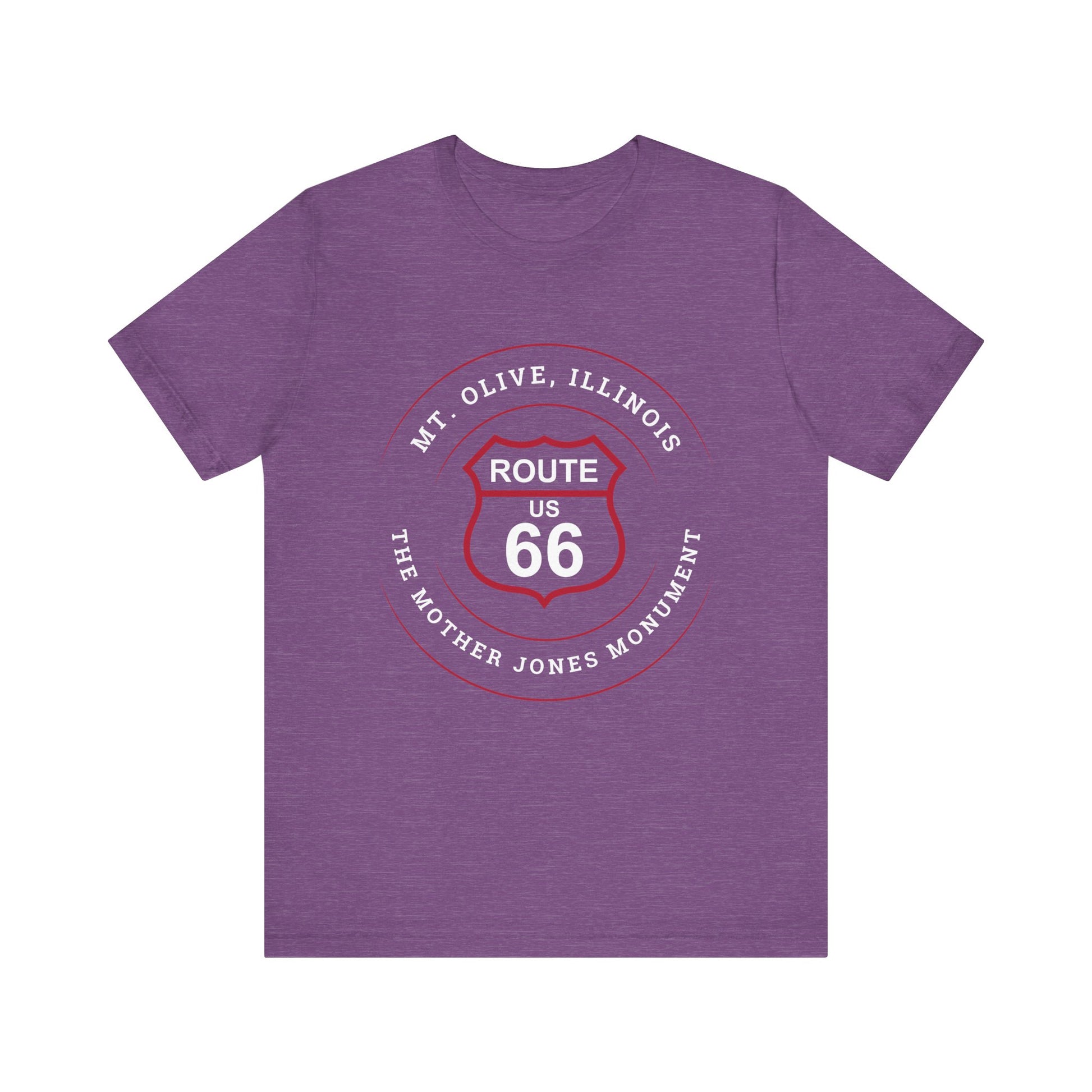 Heather team purple retro Route 66 unisex jersey tee with Mt. Olive, IL, "Mother Jones Monument" design.