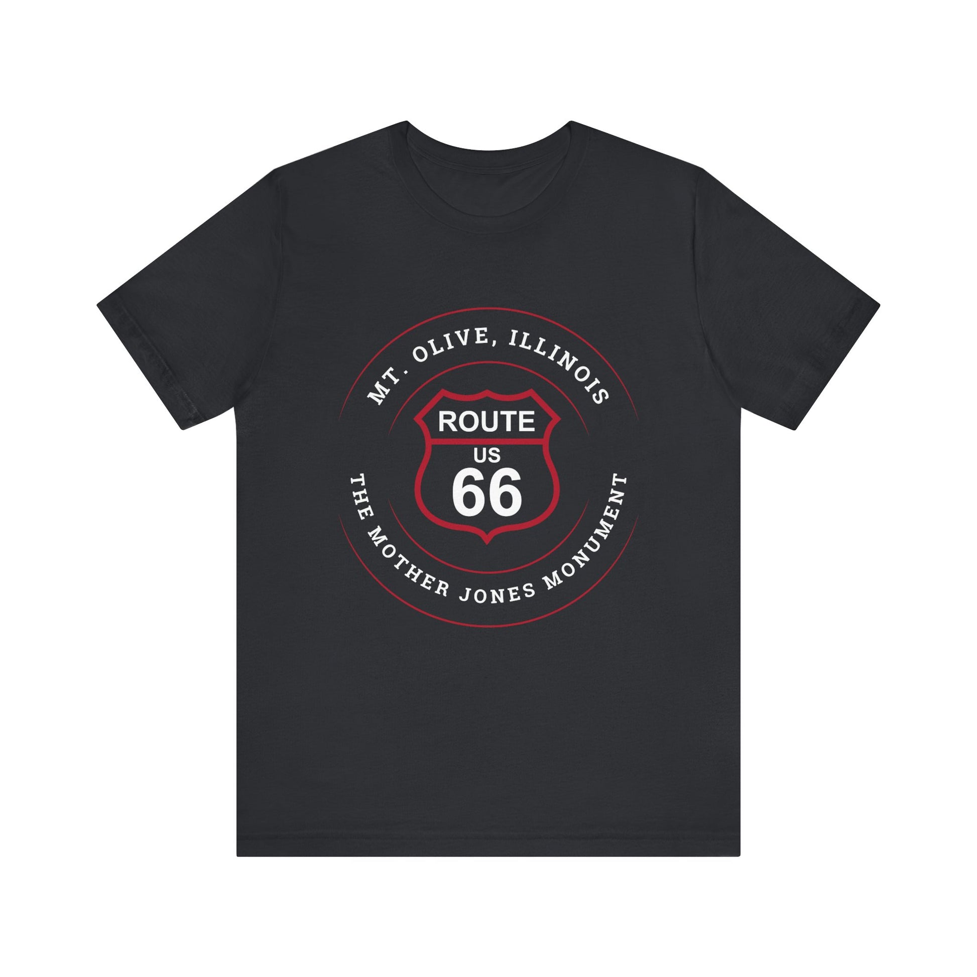 Vintage black retro Route 66 unisex jersey tee with Mt. Olive, IL, "Mother Jones Monument" design.