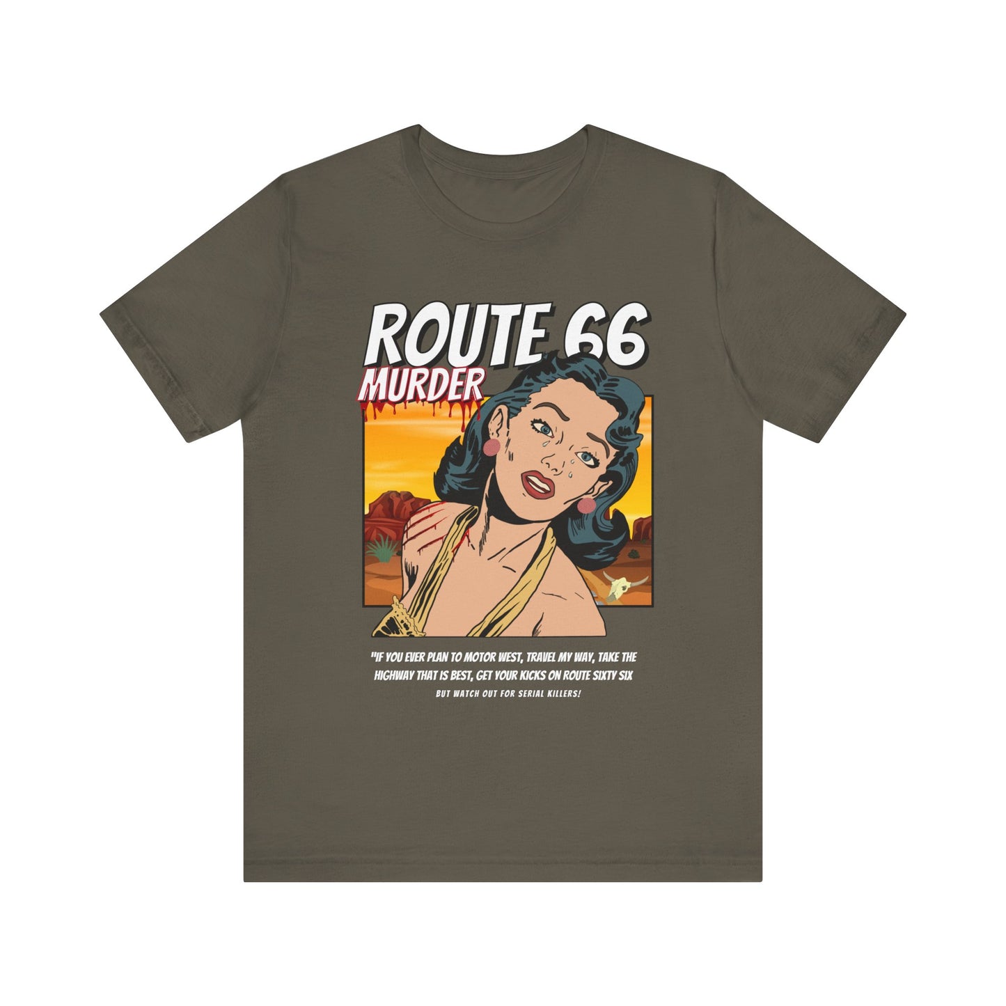 Army retro unisex jersey tee with Route 66 murder comic book-style design