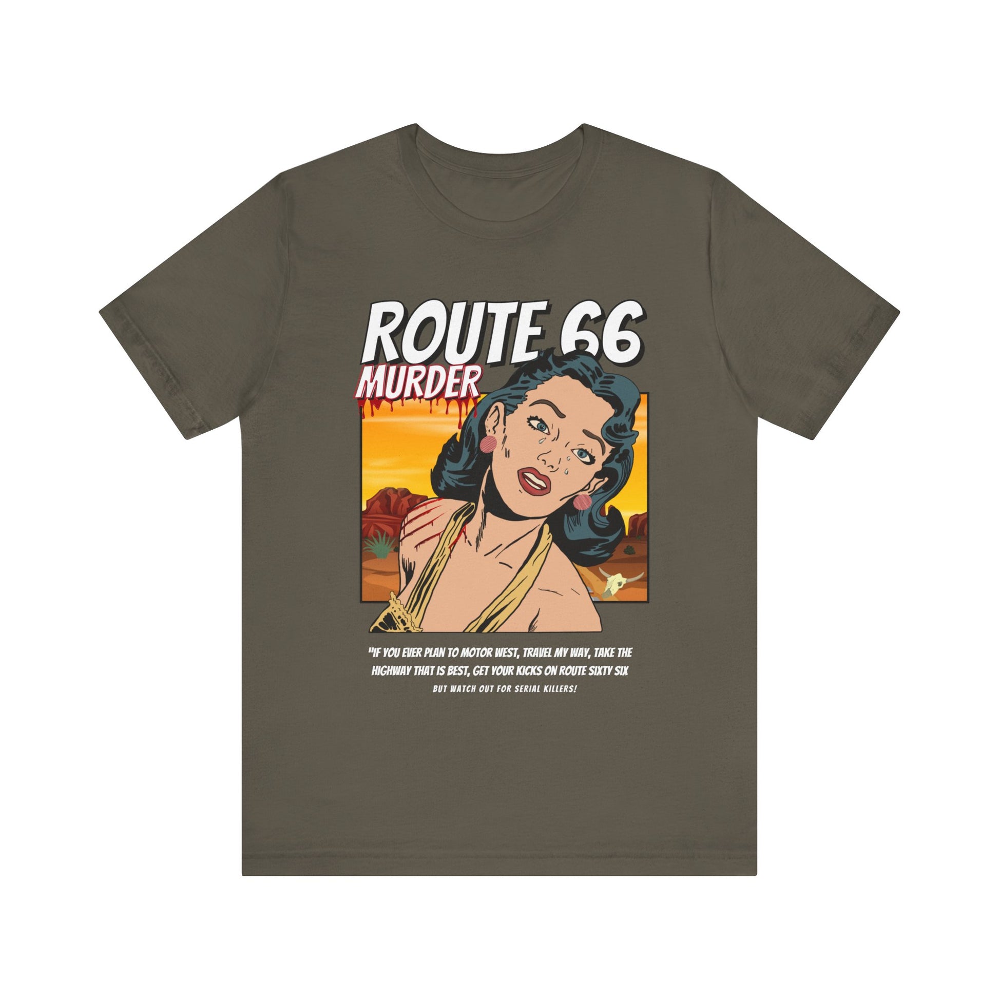 Army retro unisex jersey tee with Route 66 murder comic book-style design