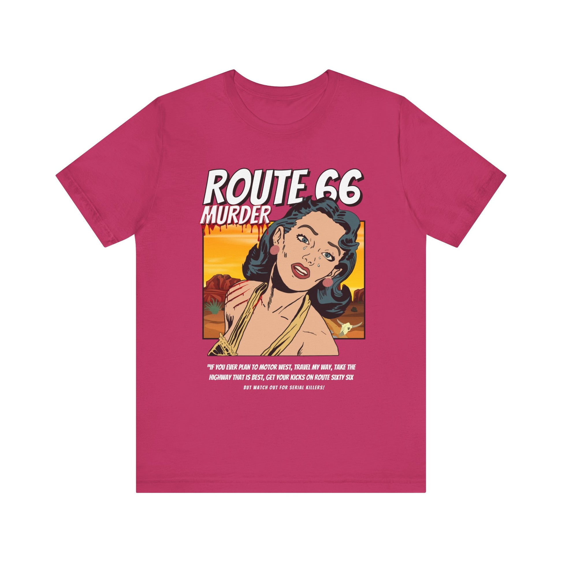 Berry retro unisex jersey tee with Route 66 murder comic book-style design