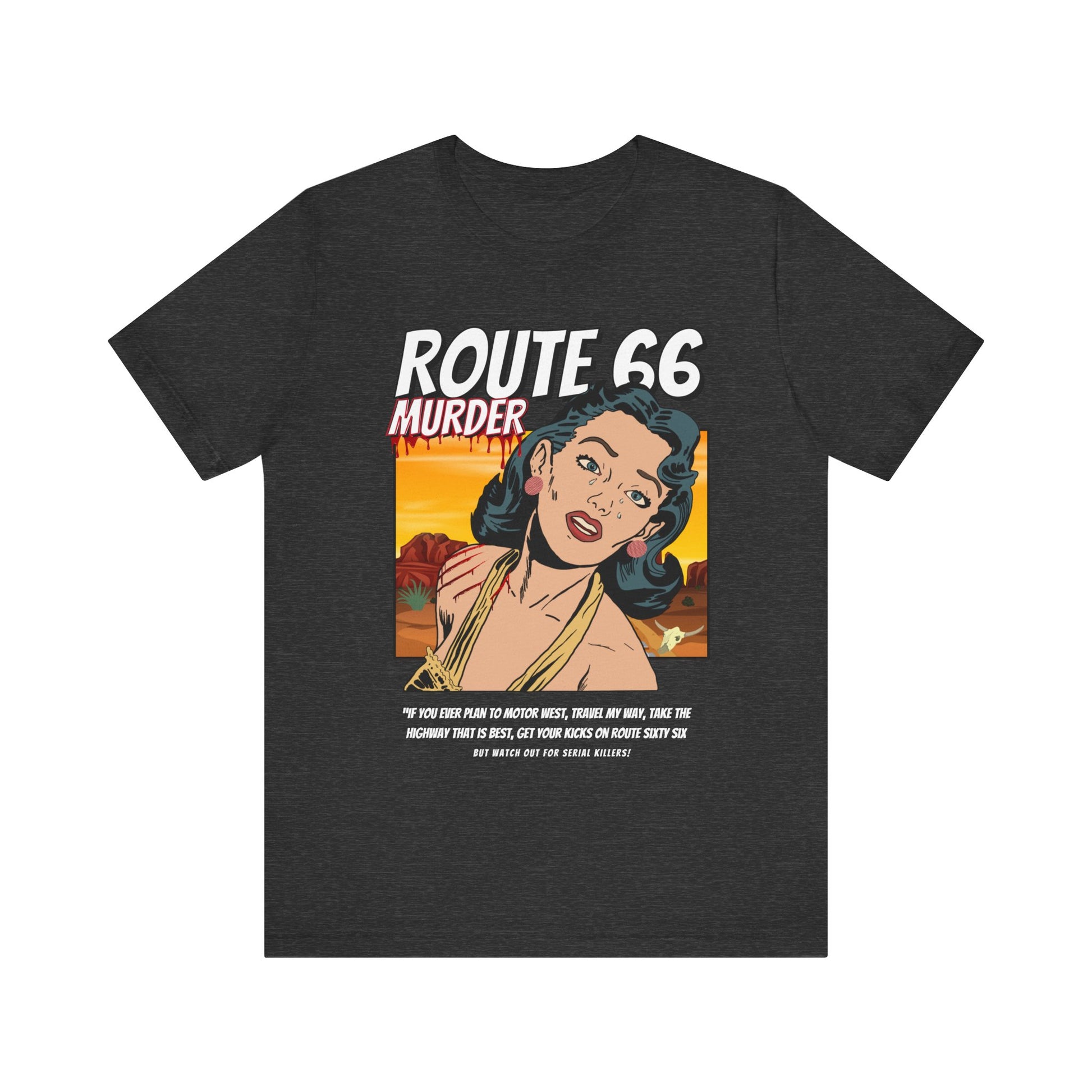 Dark grey heather retro unisex jersey tee with Route 66 murder comic book-style design