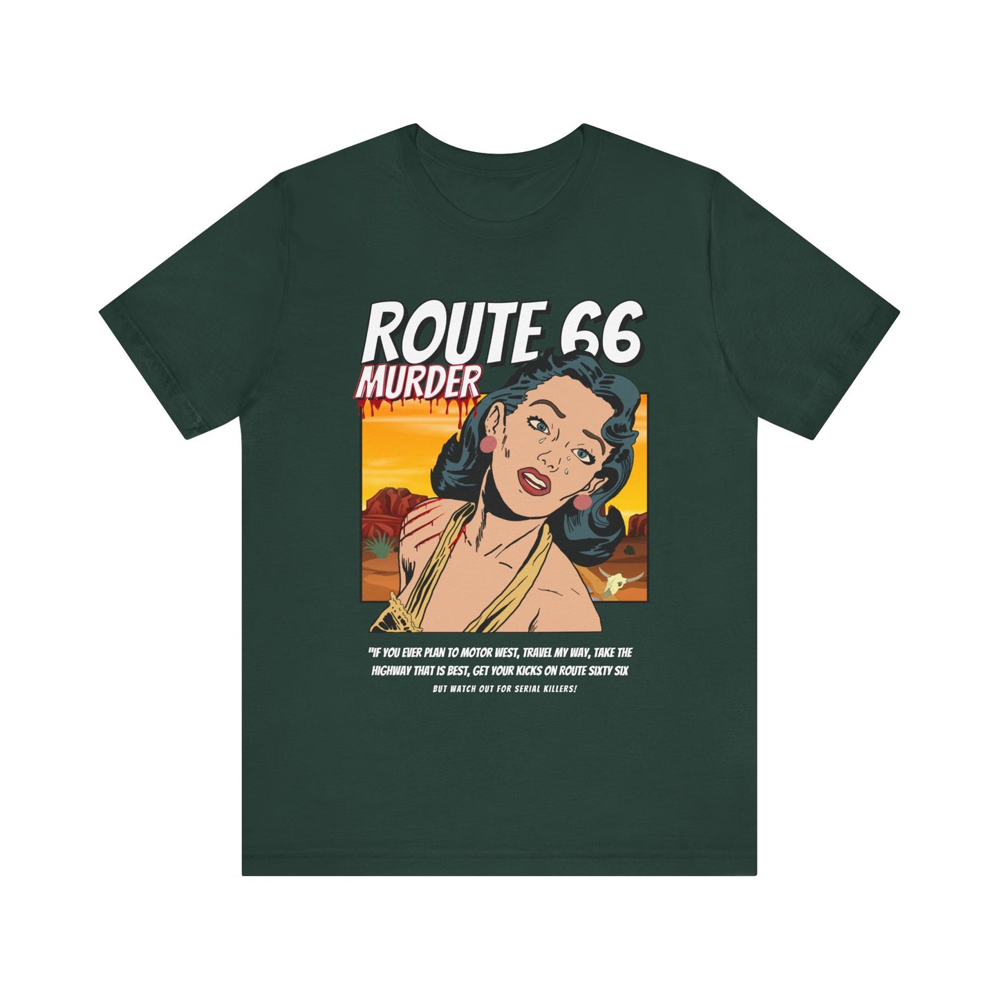 Forest retro unisex jersey tee with Route 66 murder comic book-style design