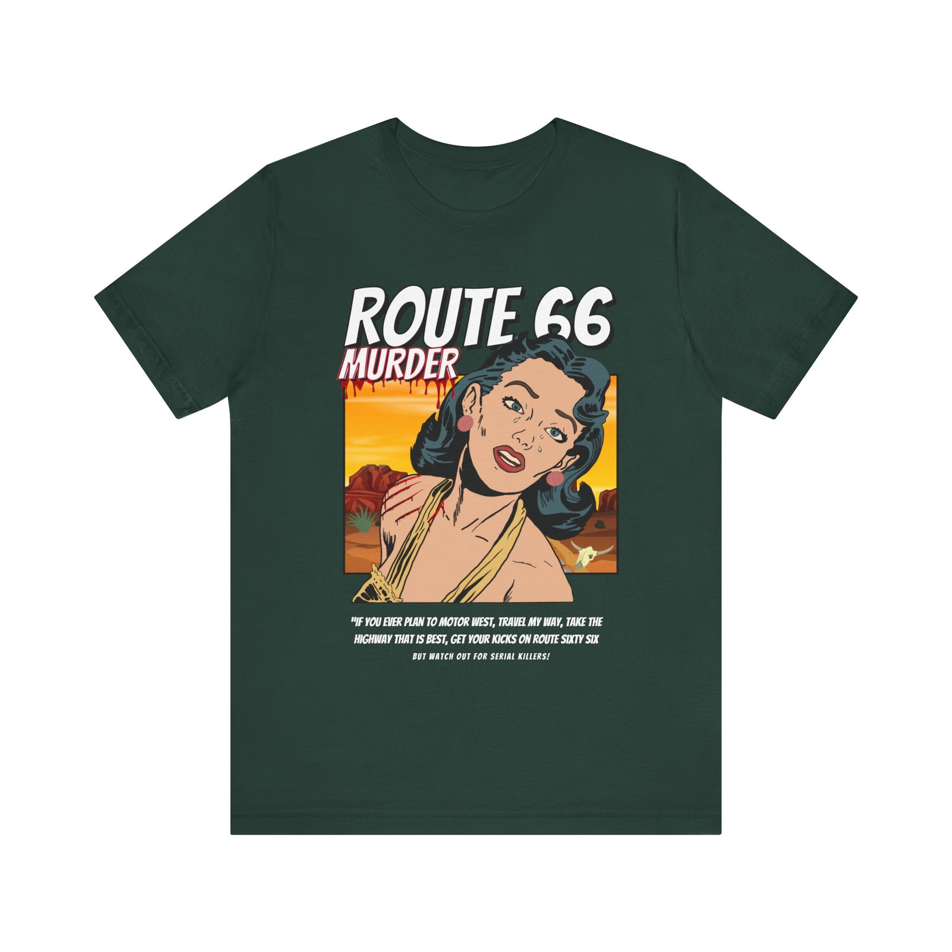 Forest retro unisex jersey tee with Route 66 murder comic book-style design