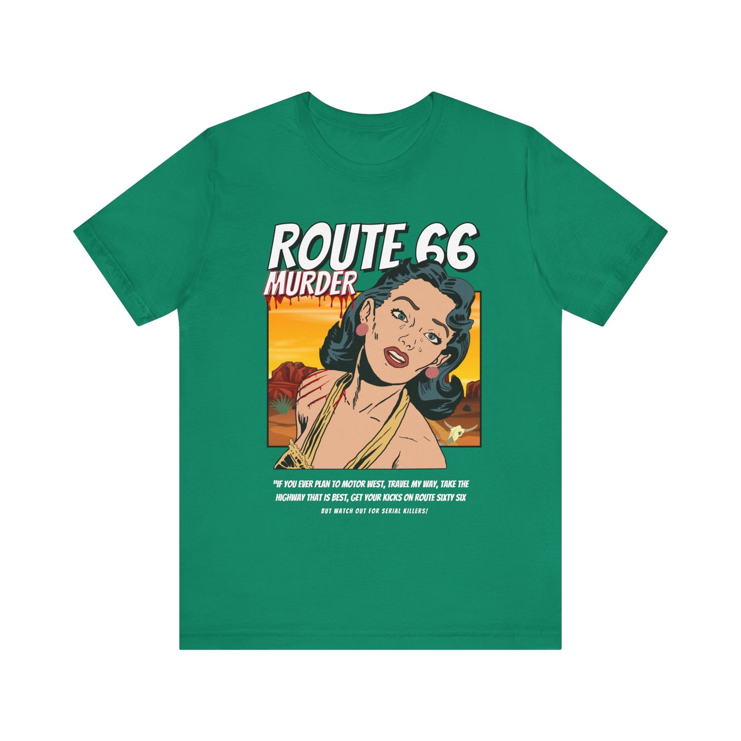 Kelly retro unisex jersey tee with Route 66 murder comic book-style design