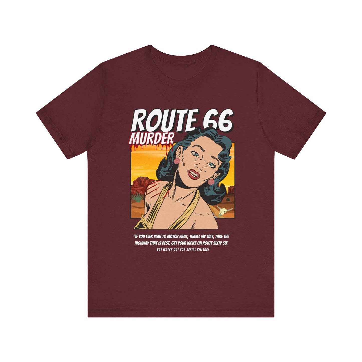 Maroon retro unisex jersey tee with Route 66 murder comic book-style design