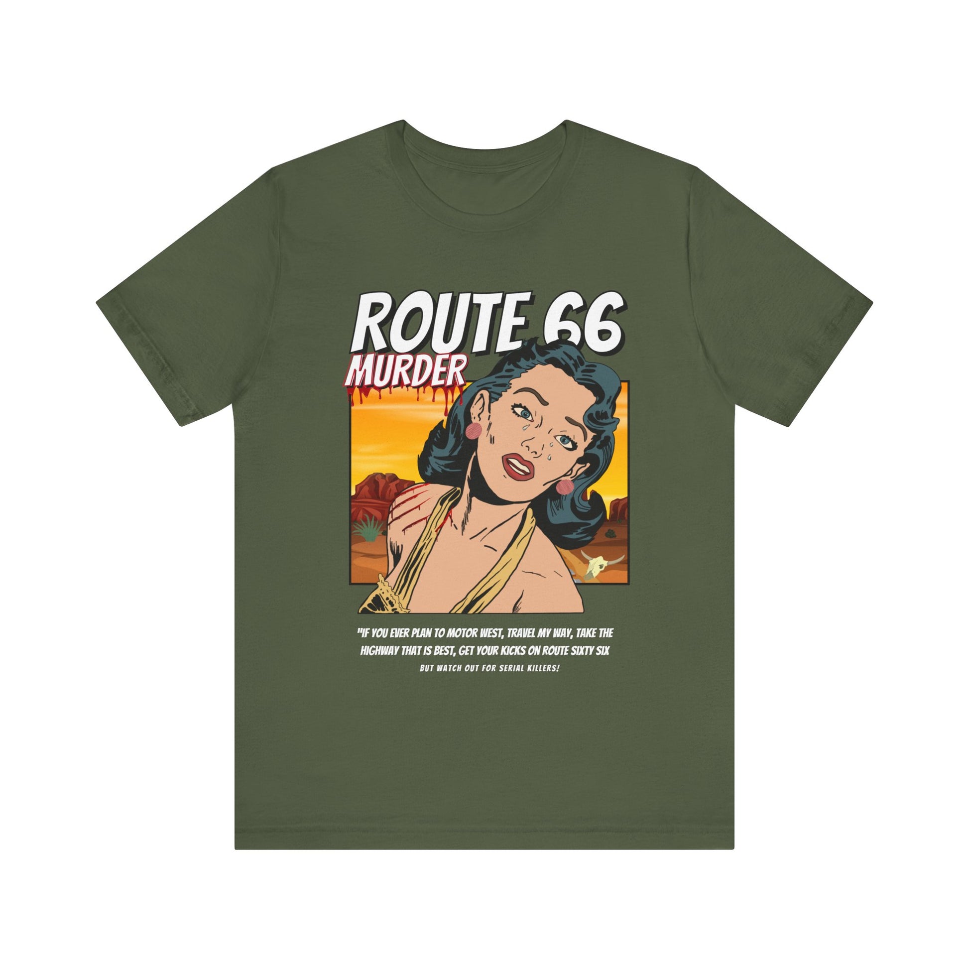 Military green retro unisex jersey tee with Route 66 murder comic book-style design