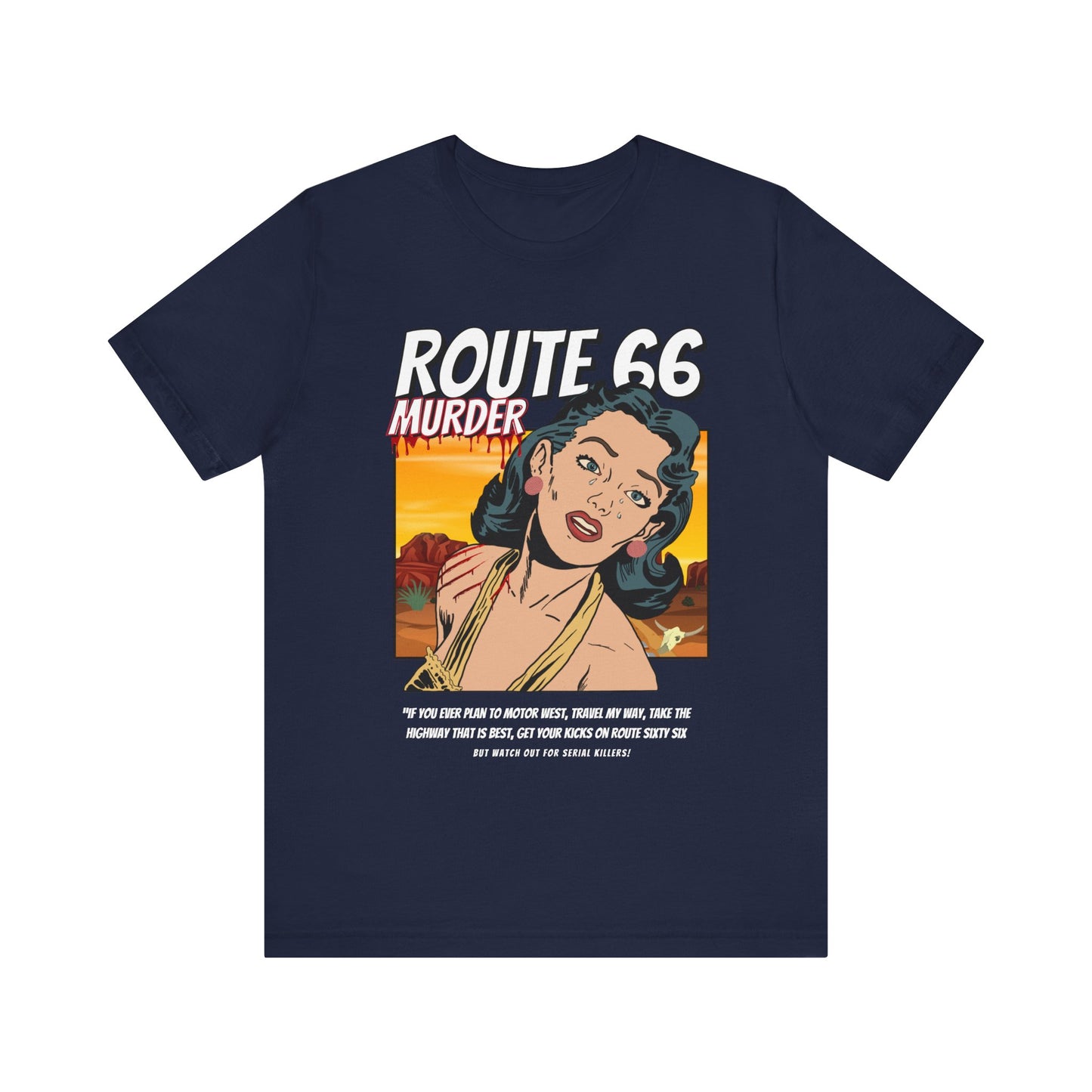 Navy retro unisex jersey tee with Route 66 murder comic book-style design