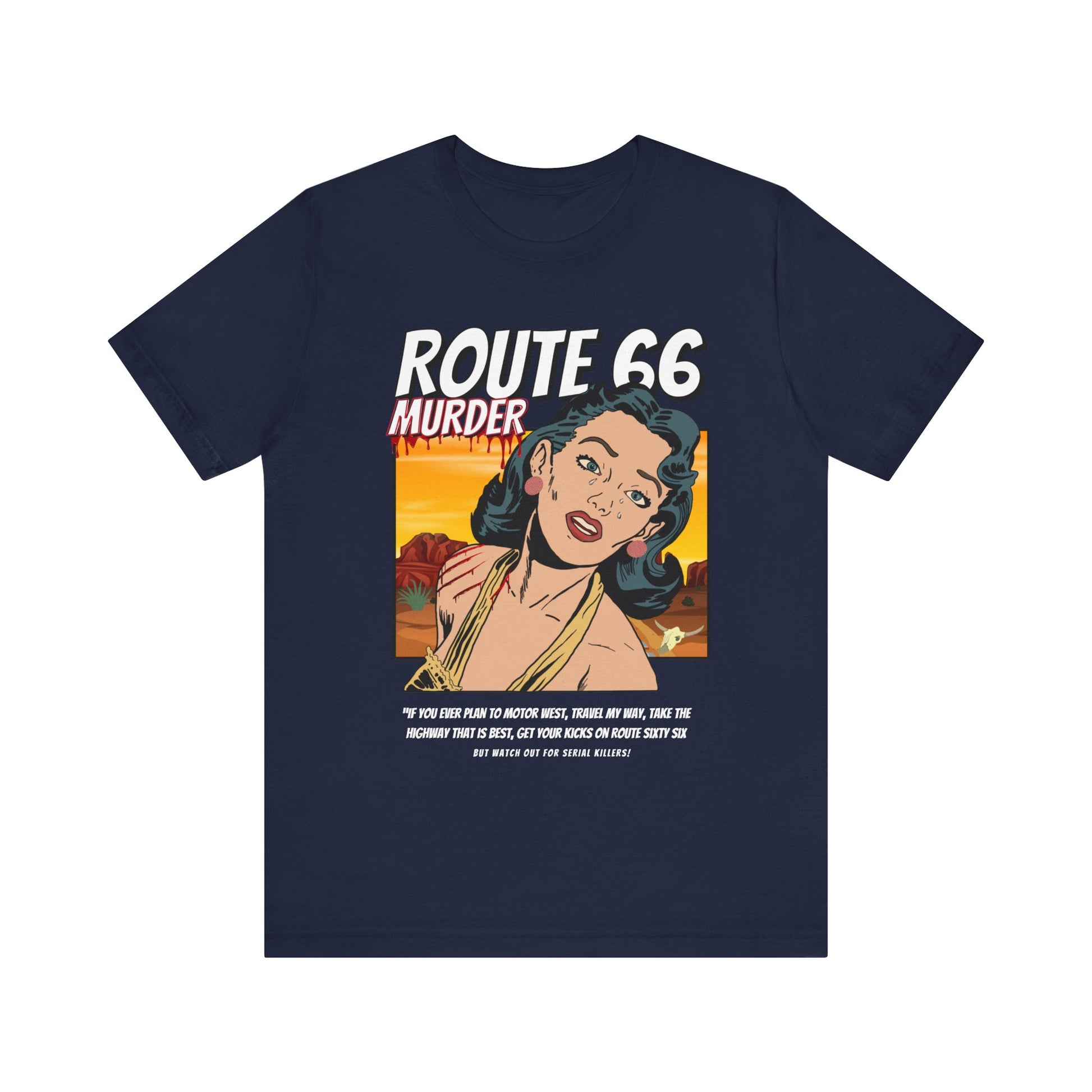 Navy retro unisex jersey tee with Route 66 murder comic book-style design