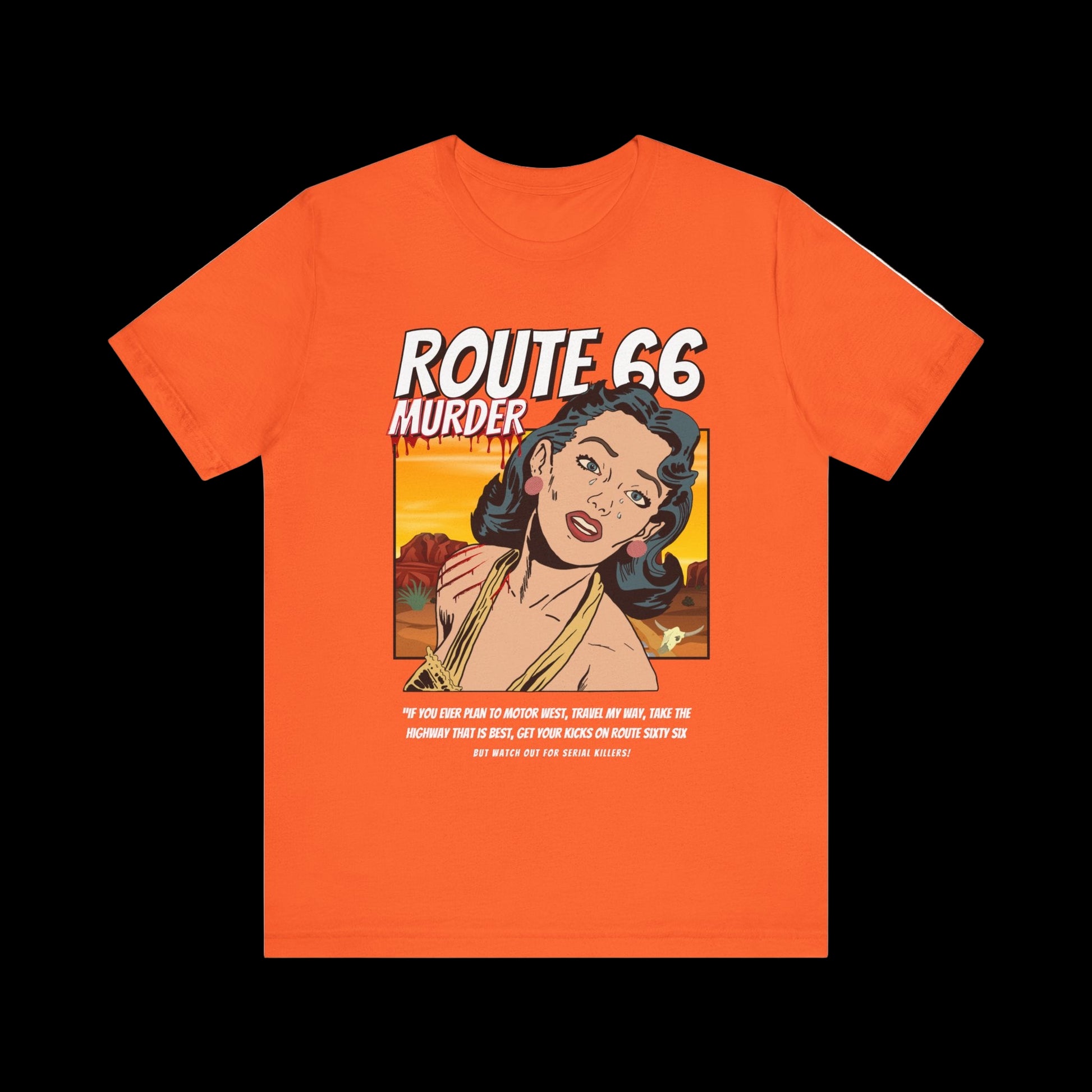 Orange retro unisex jersey tee with Route 66 murder comic book-style design