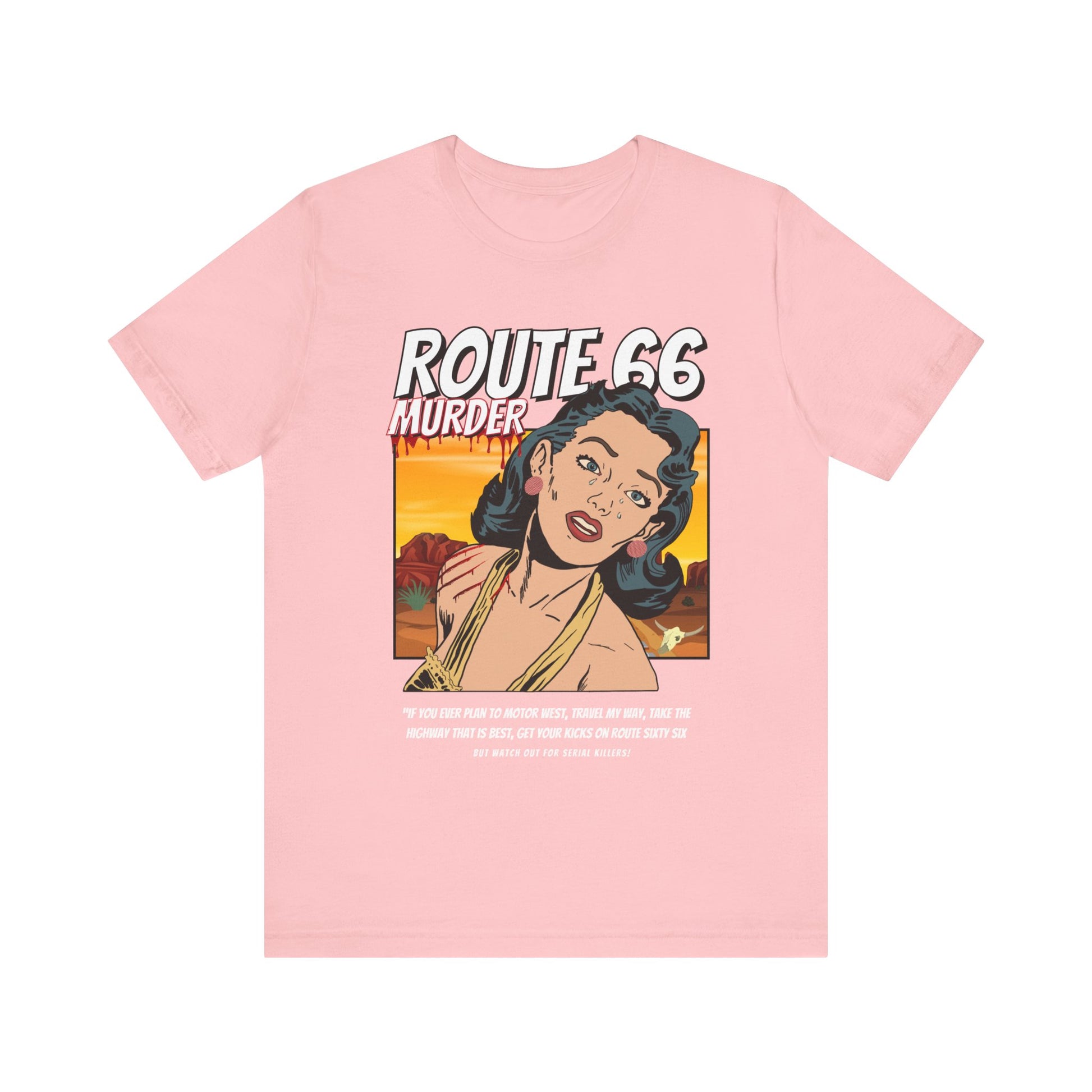 Pink retro unisex jersey tee with Route 66 murder comic book-style design