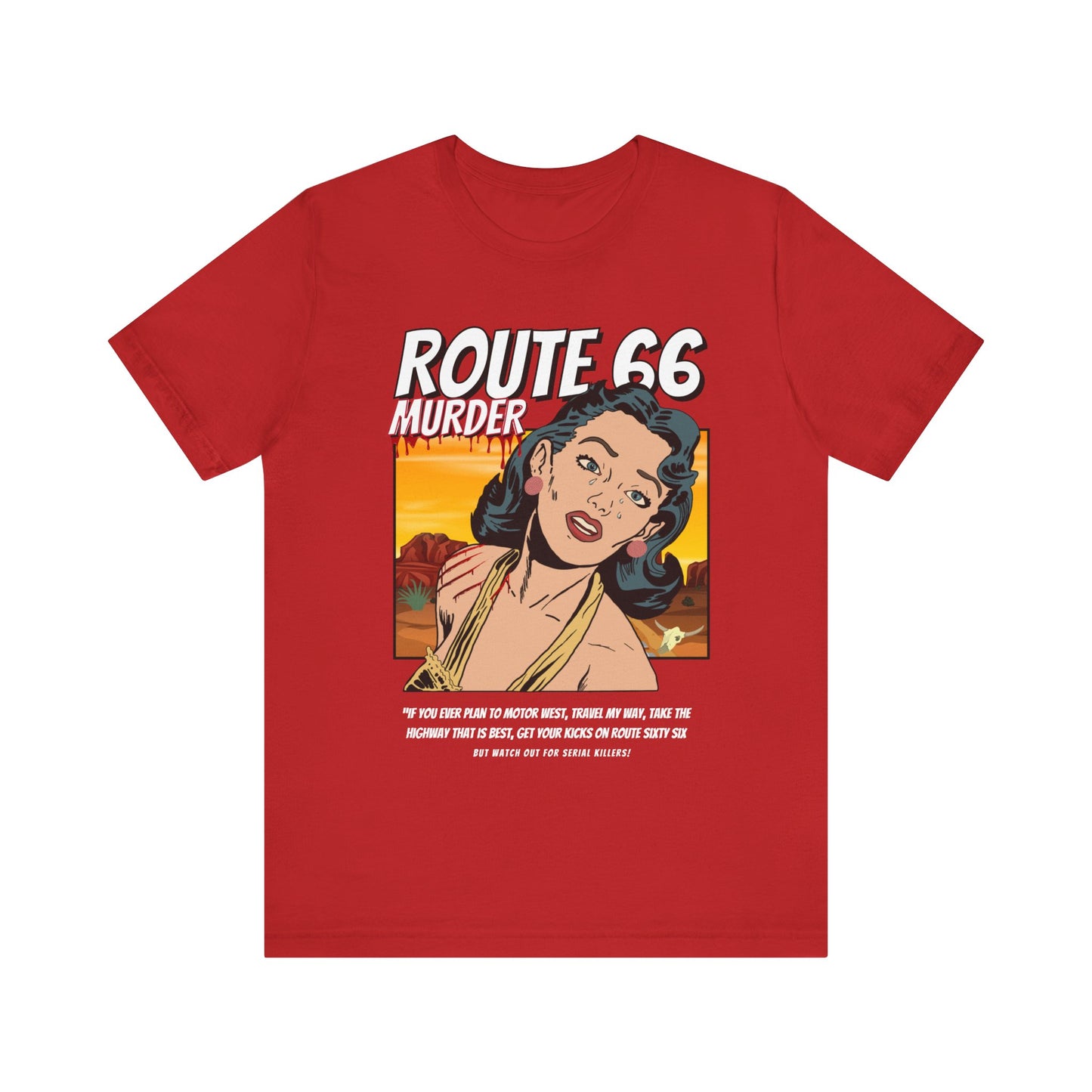 Red retro unisex jersey tee with Route 66 murder comic book-style design