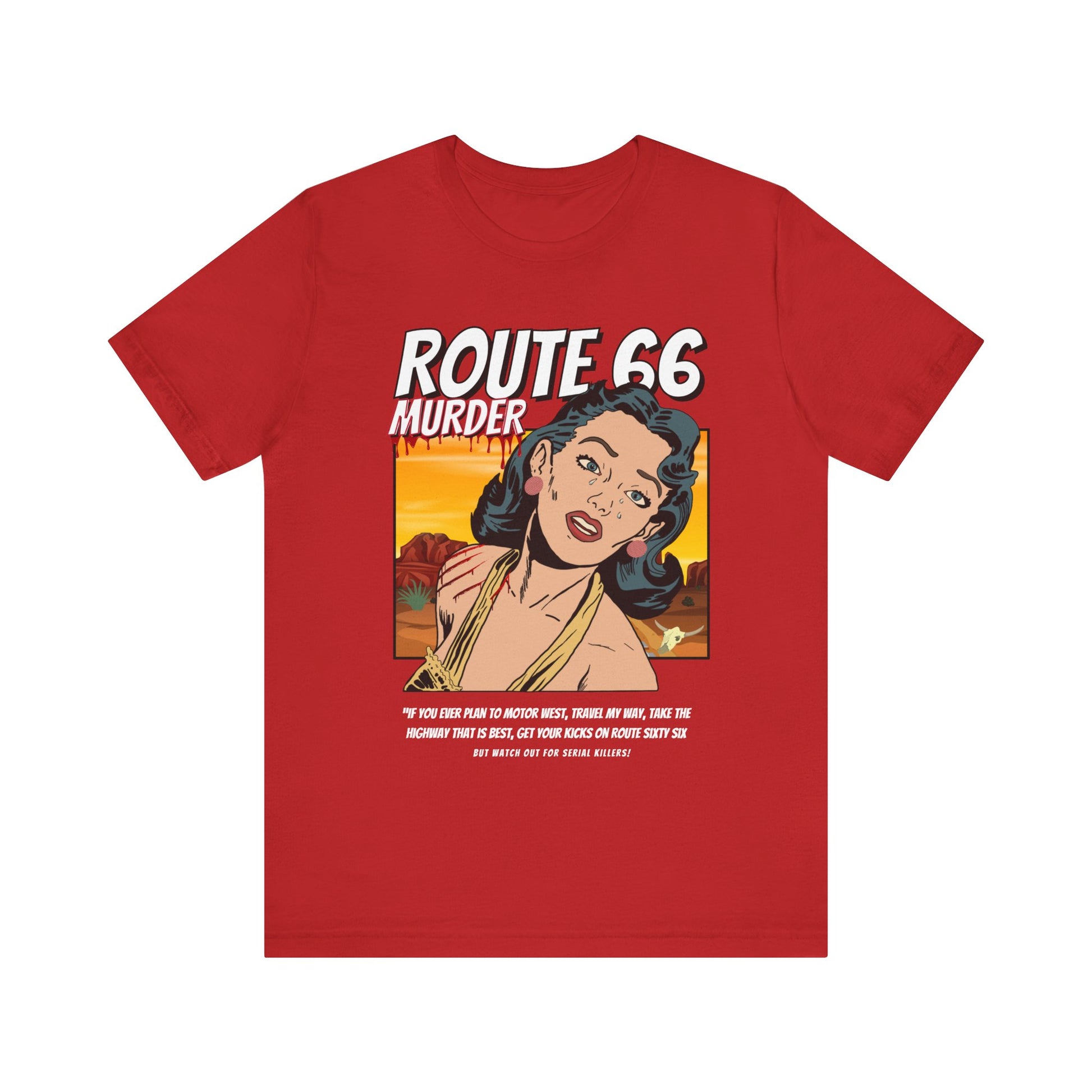 Red retro unisex jersey tee with Route 66 murder comic book-style design