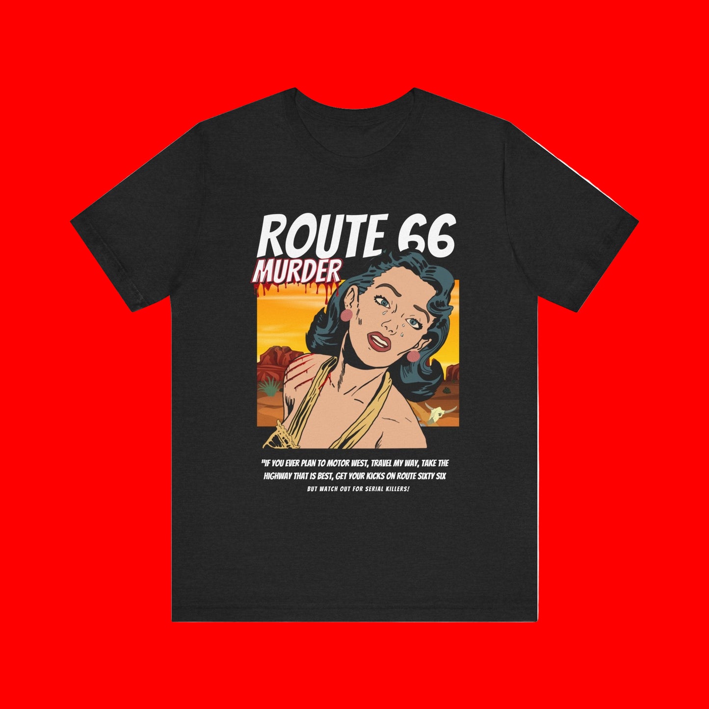 Solid black blend retro unisex jersey tee with Route 66 murder comic book-style design